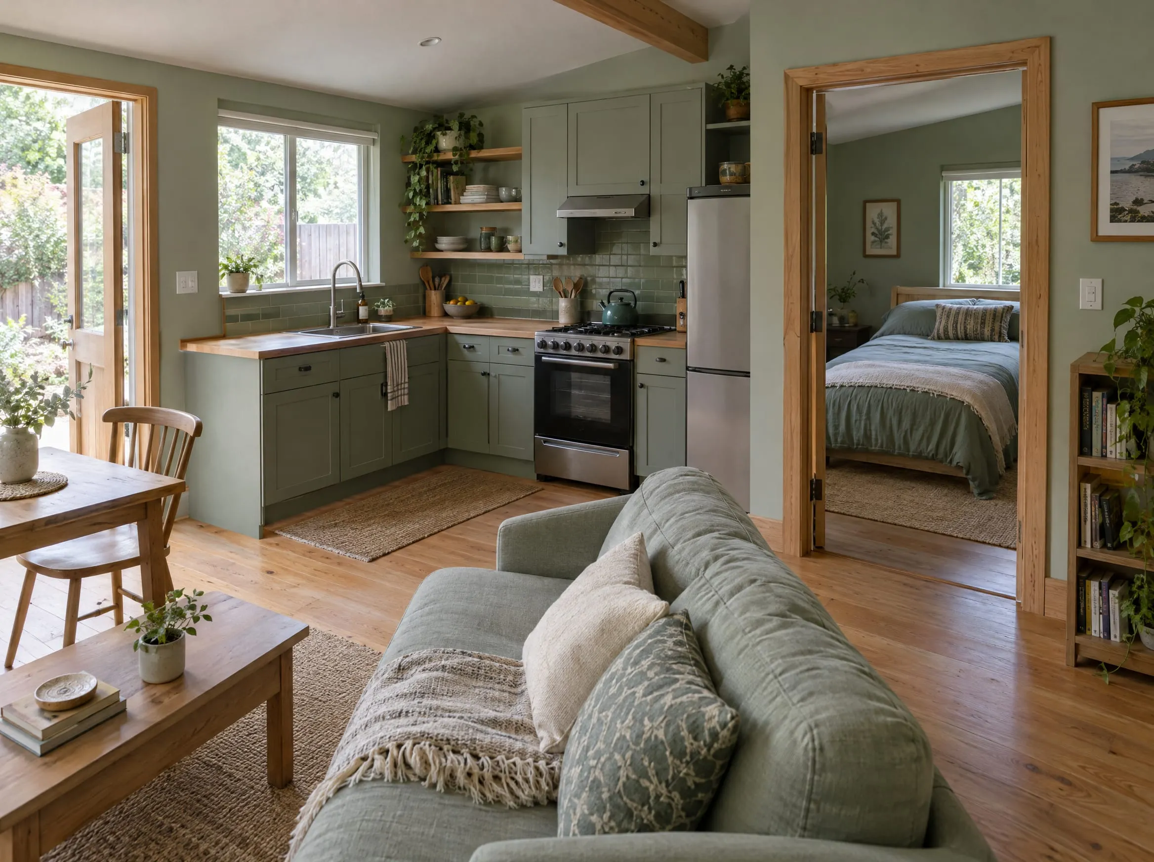 A small home with a kitchen of cabinets, counter, sink and stove, a sofa, and an open door to a bedroom.