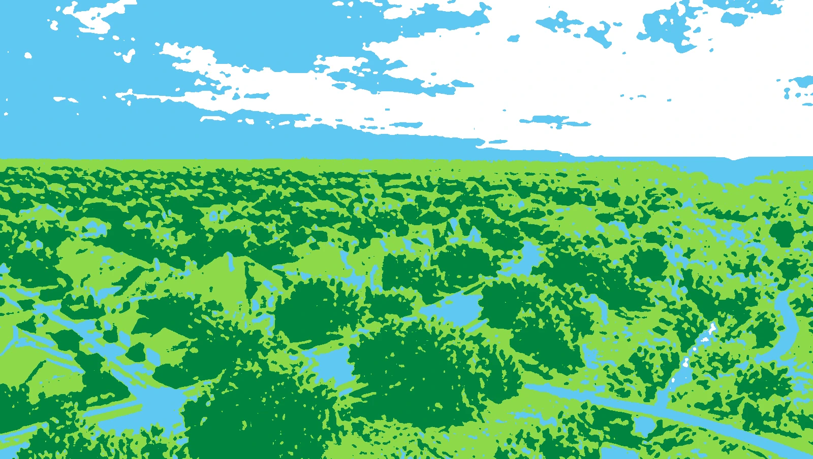 A suburb seen from above, printed in greens and light blue