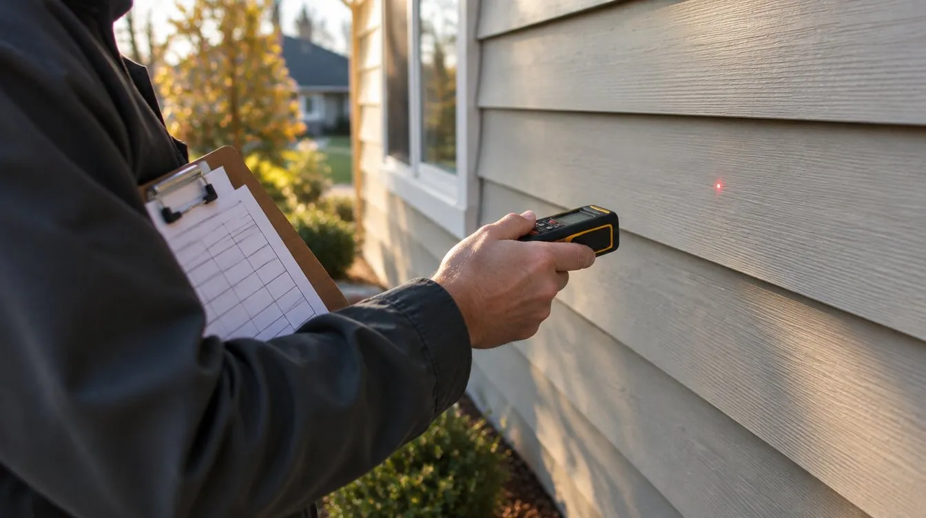 An appraiser’s hand holding a laser measure against the siding of a house, with a clipboard under the other arm.