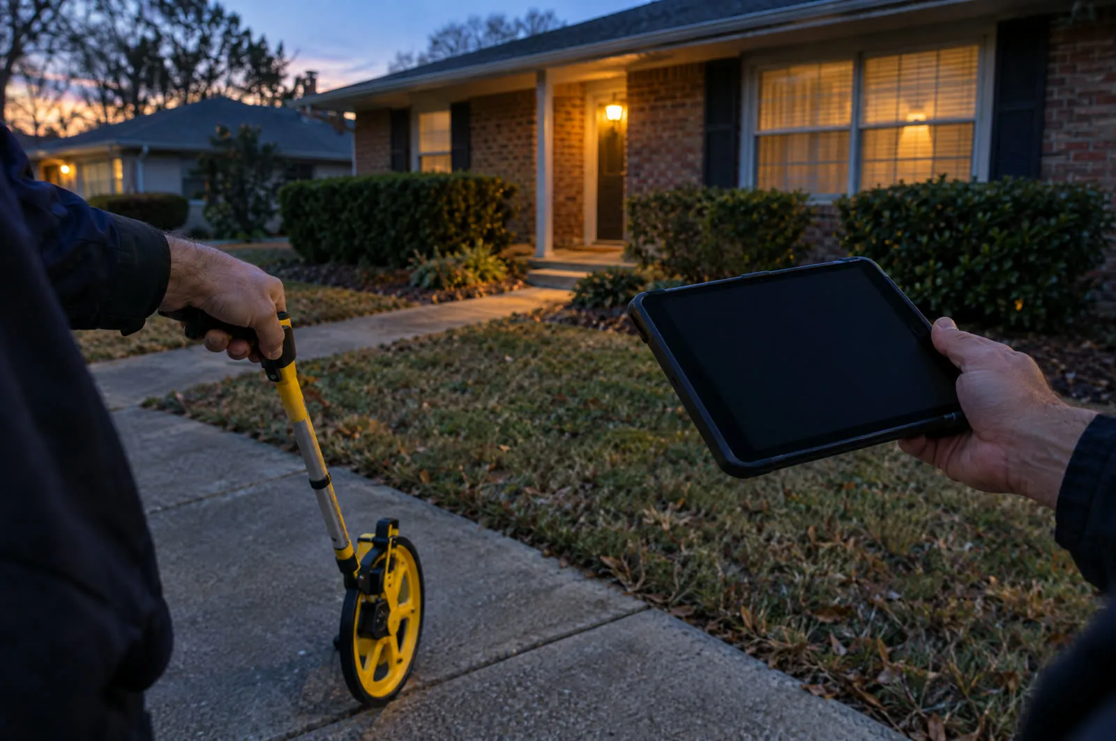 An appraiser’s hands holding a measuring wheel and a tablet on the front walk of a brick ranch house at dusk.