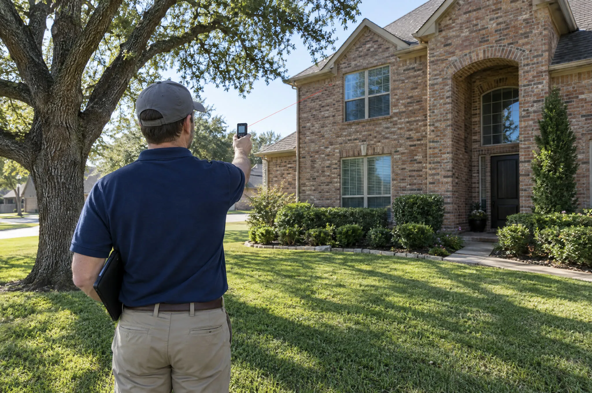 An appraiser, seen from behind, measures the front of a two-story brick house with a laser distance meter, a tablet under one arm.