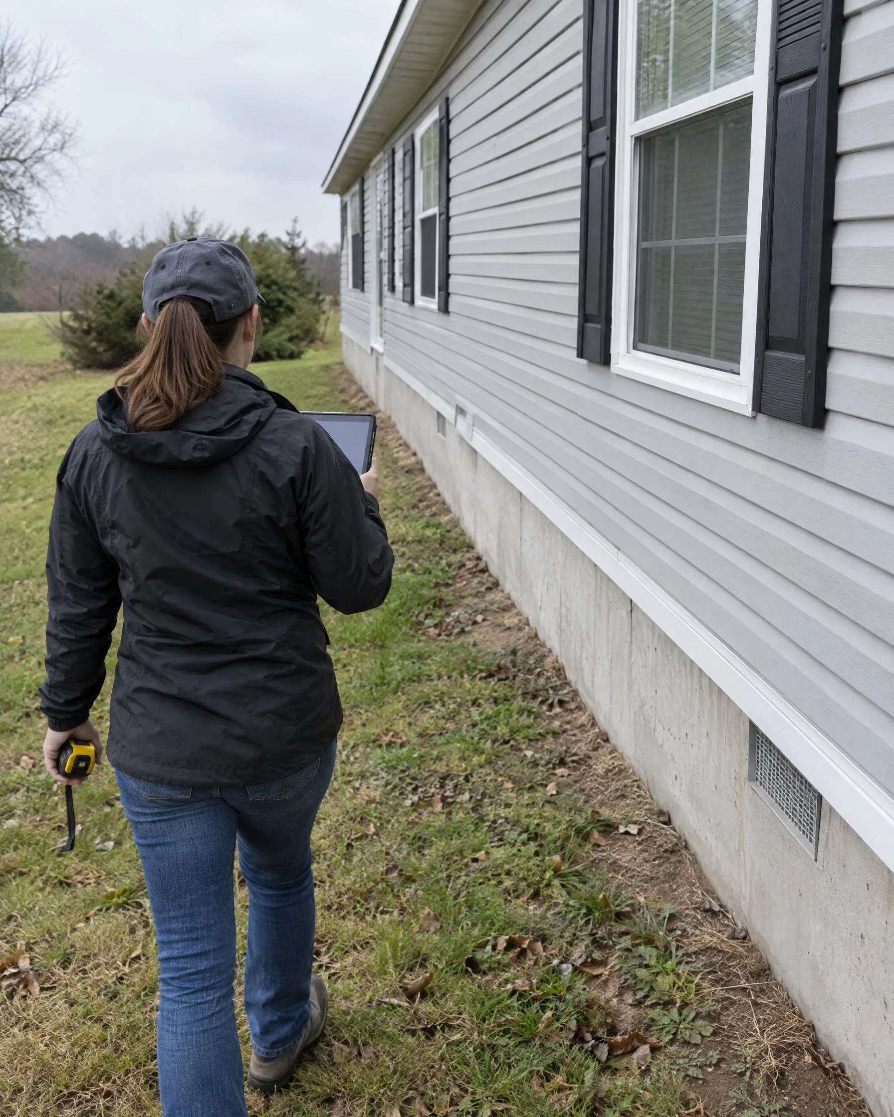Seen from behind, a person holding a tablet and a tape measure walks along the side of a manufactured home with gray siding on a concrete perimeter foundation.