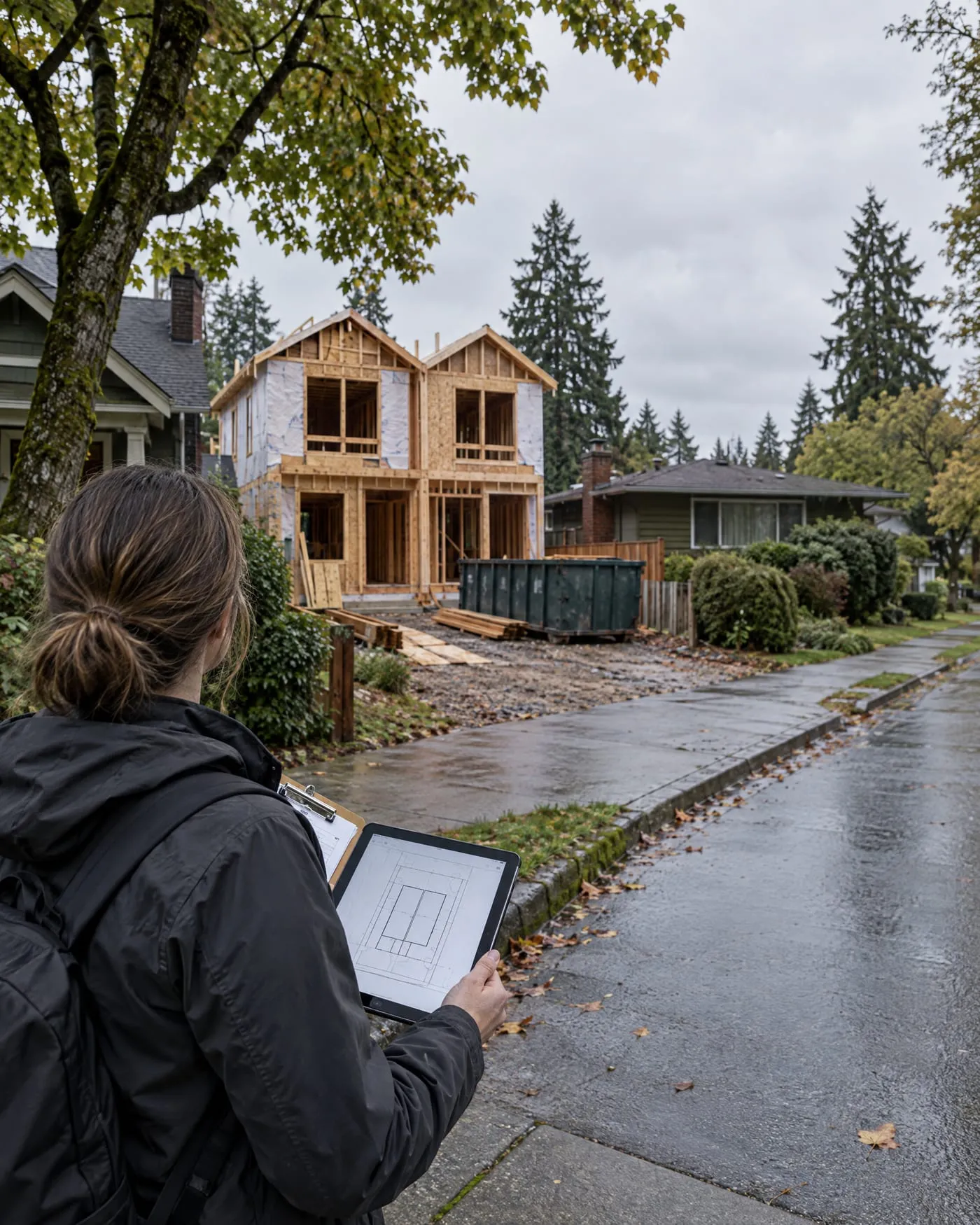 Seen from behind, a person on a wet sidewalk holds a tablet showing a site plan and looks at a framed duplex under construction between older houses.