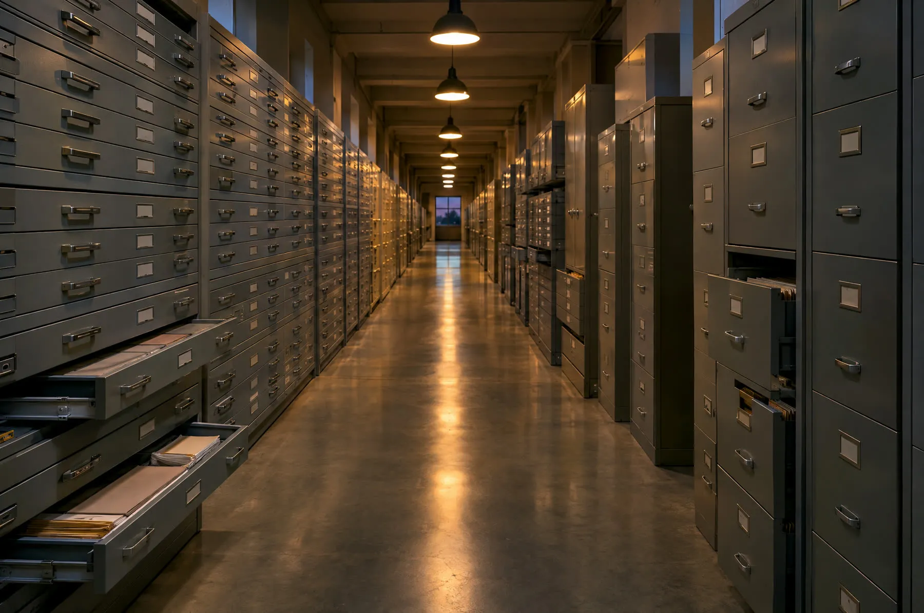 A long archive corridor of steel flat-file drawers under warm pendant lights, a few drawers open.