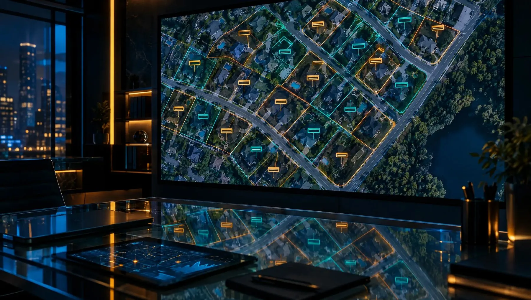 A dark analytics room with a wall screen showing an aerial map of a neighborhood with glowing parcel outlines.