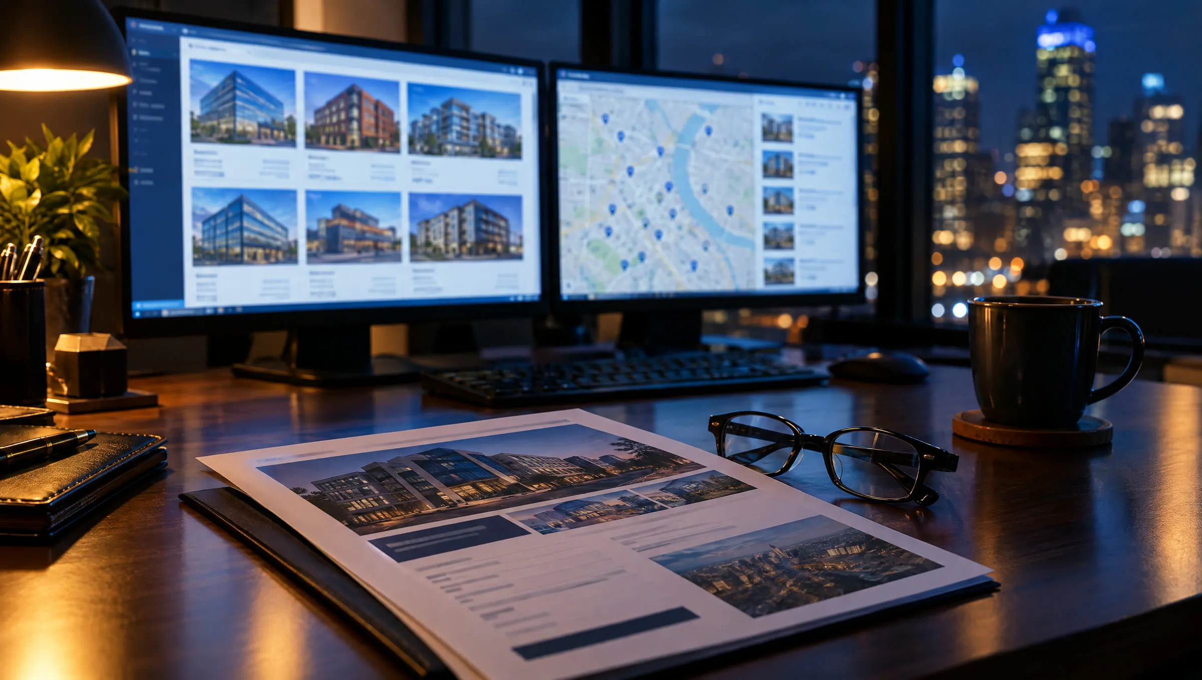 A broker's desk at night with two monitors showing a grid of property listings and a map, beside a printed offering memorandum.