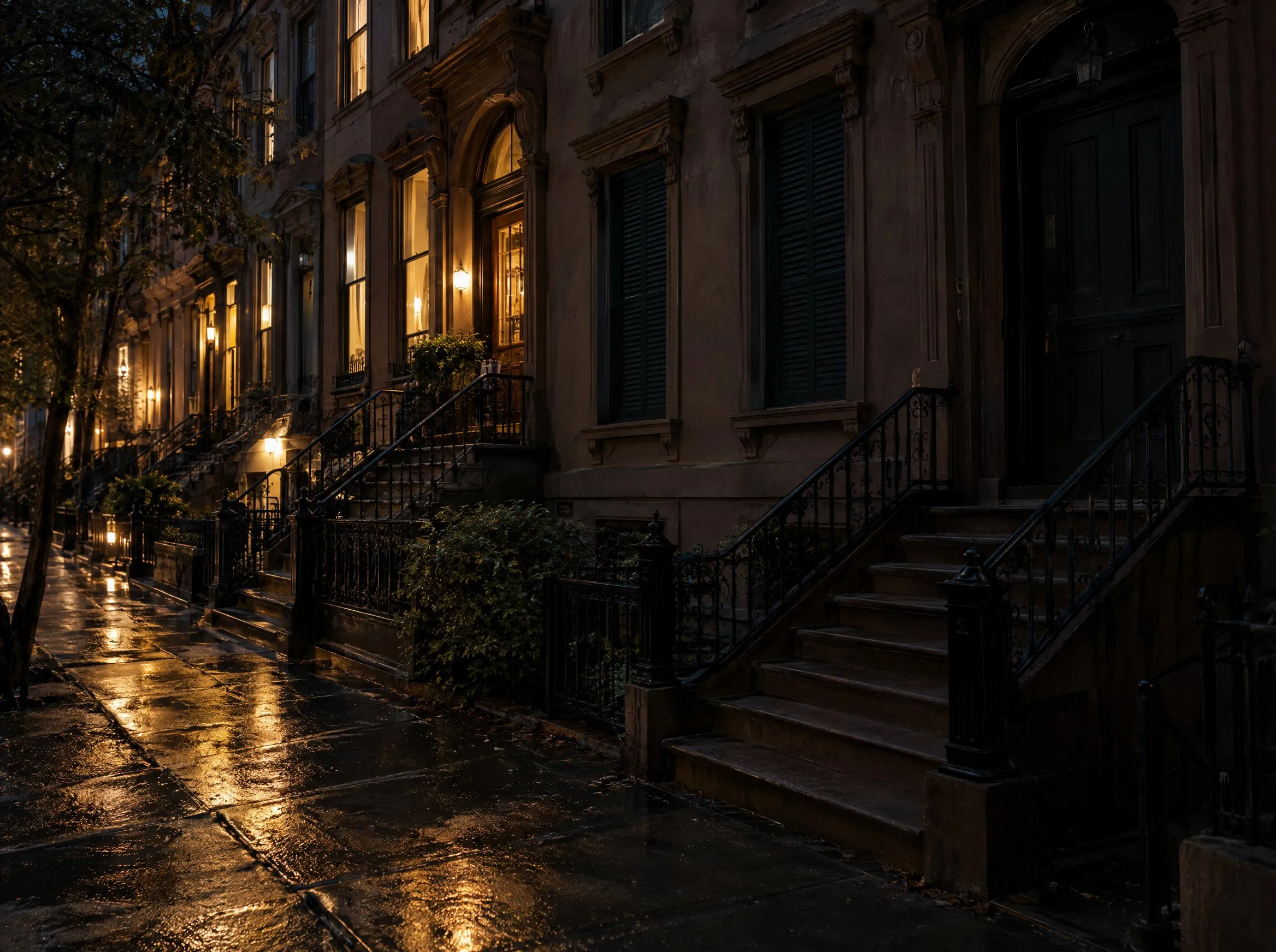 A row of brownstone stoops at night; one building’s windows are dark and shuttered.