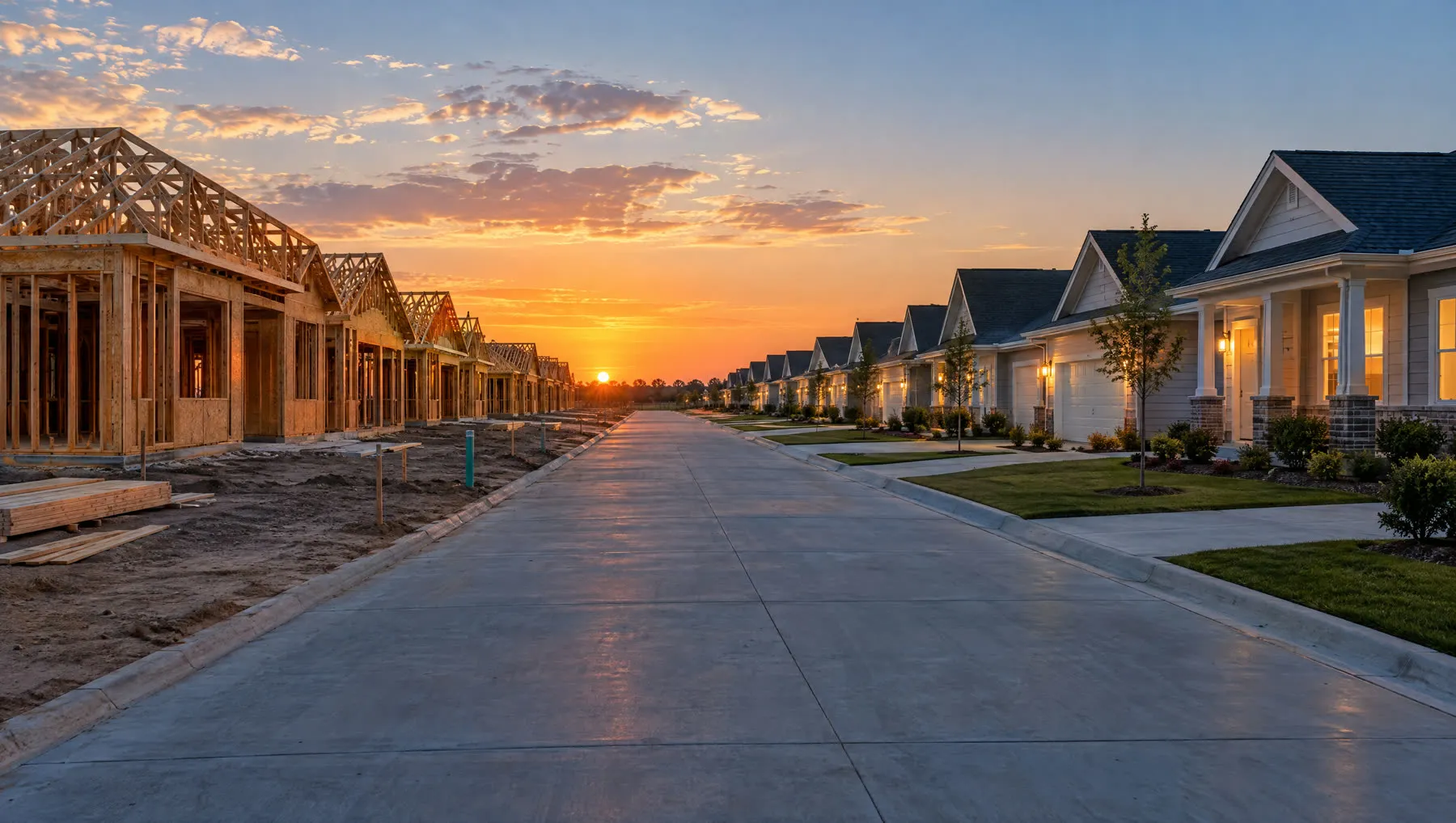A new rental community at sunset with wood-framed houses on one side of the street and finished houses on the other.