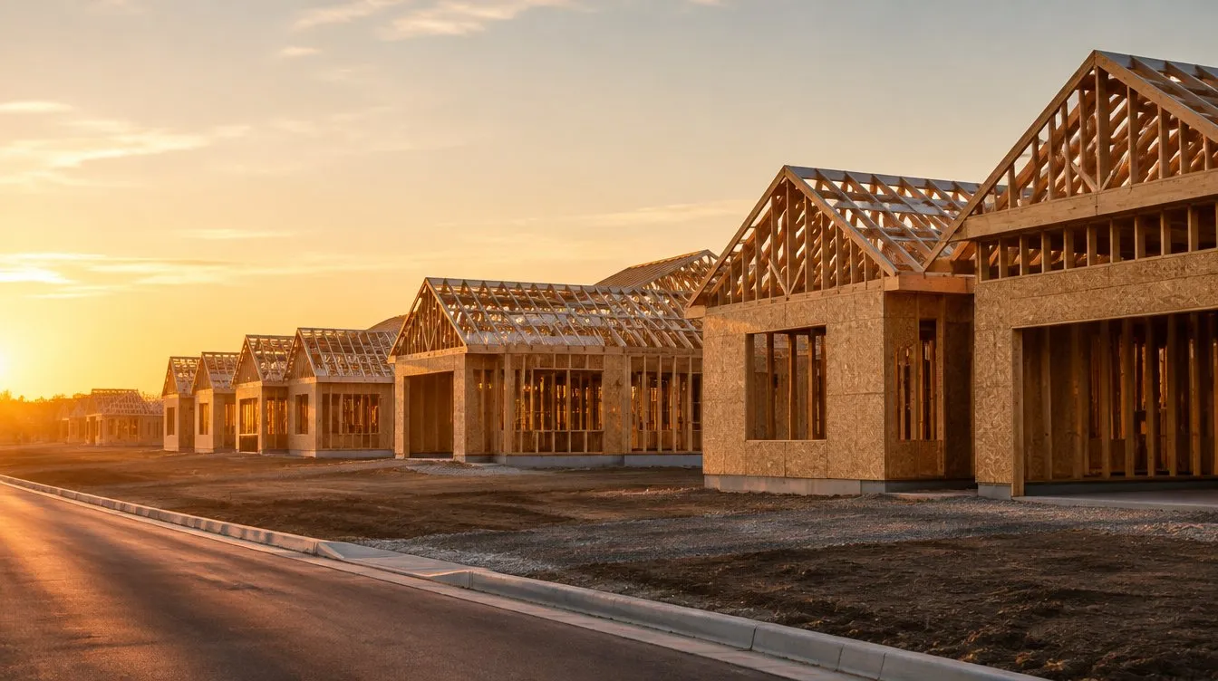 A row of new single-family houses in wood framing at sunrise.