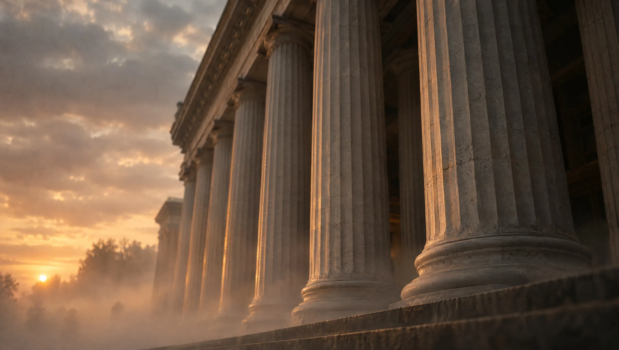 Low-angle view of fluted stone columns rising out of morning fog at sunrise, with no inscriptions.