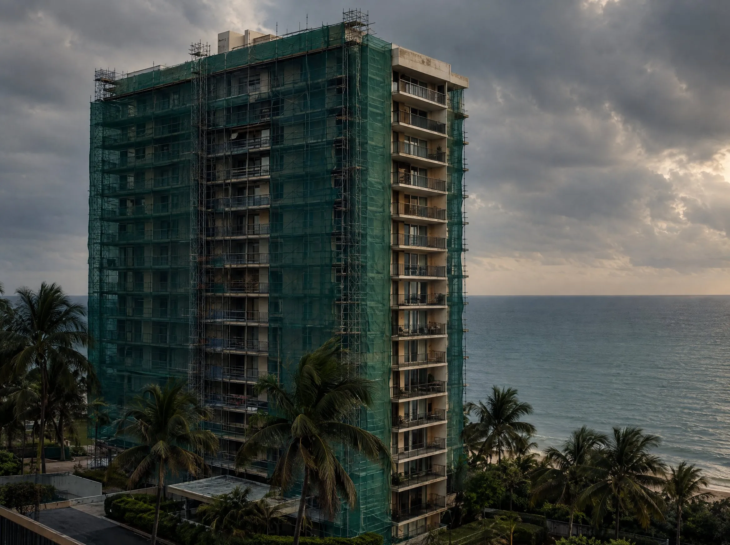 A twelve-story coastal condominium tower wrapped in scaffolding and green netting.