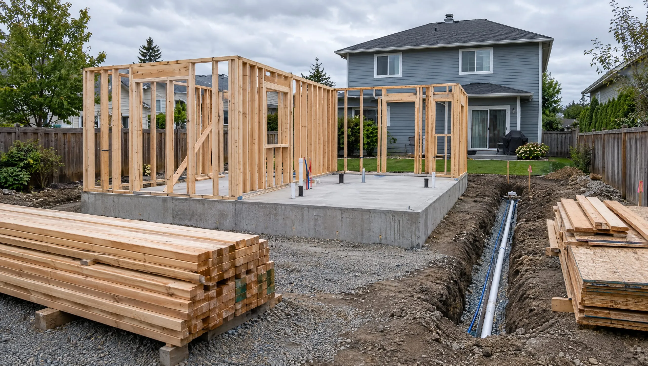 A backyard construction site with a concrete slab, partly raised timber wall framing, stacked lumber and a utility trench, with a house beyond.