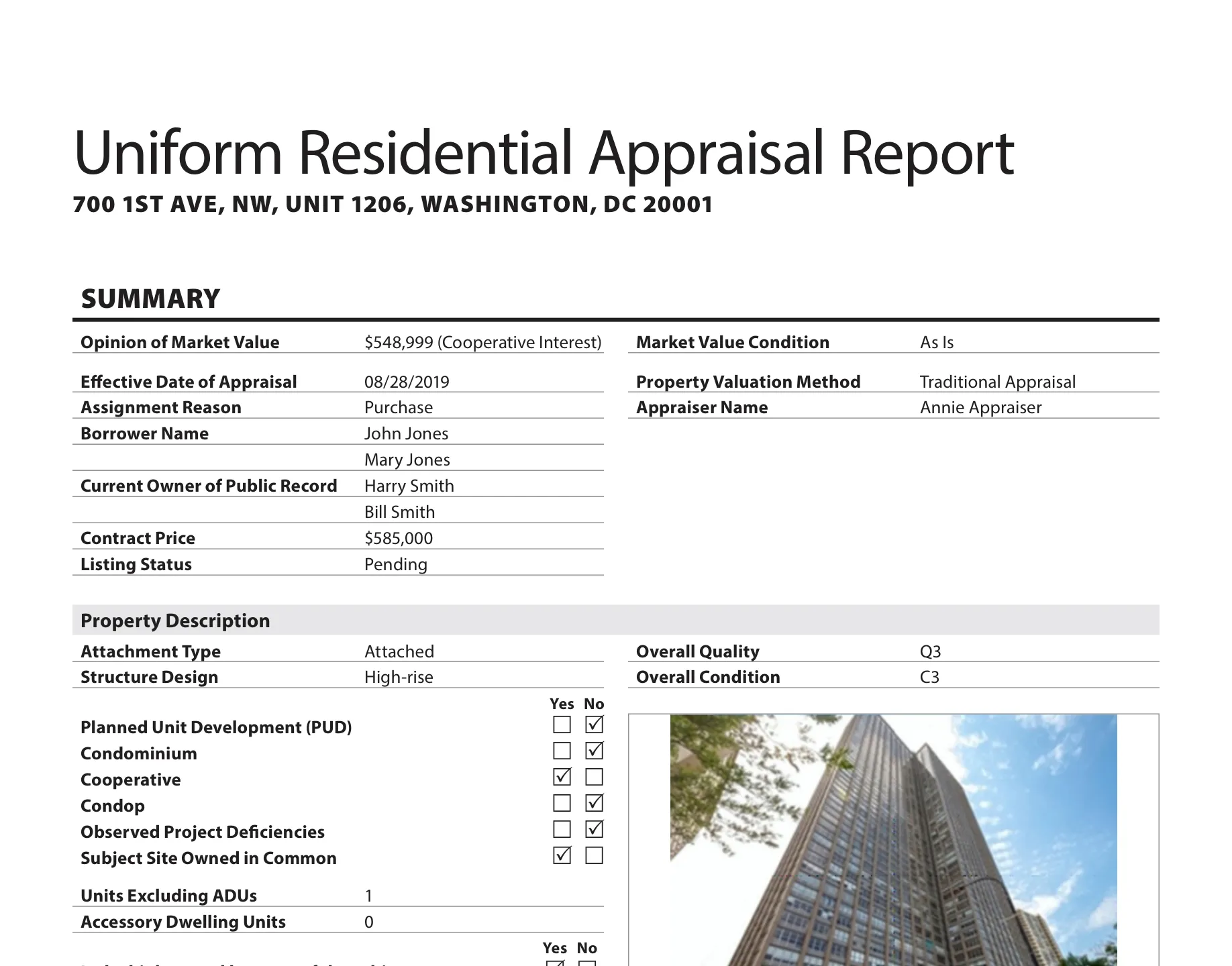 Summary page of the GSE Coop1 sample: Opinion of Market Value $548,999 (Cooperative Interest), Market Value Condition As Is, Structure Design High-rise, Cooperative Yes, Subject Site Owned in Common Yes, Observed Project Deficiencies No, with a photo of a high-rise building.