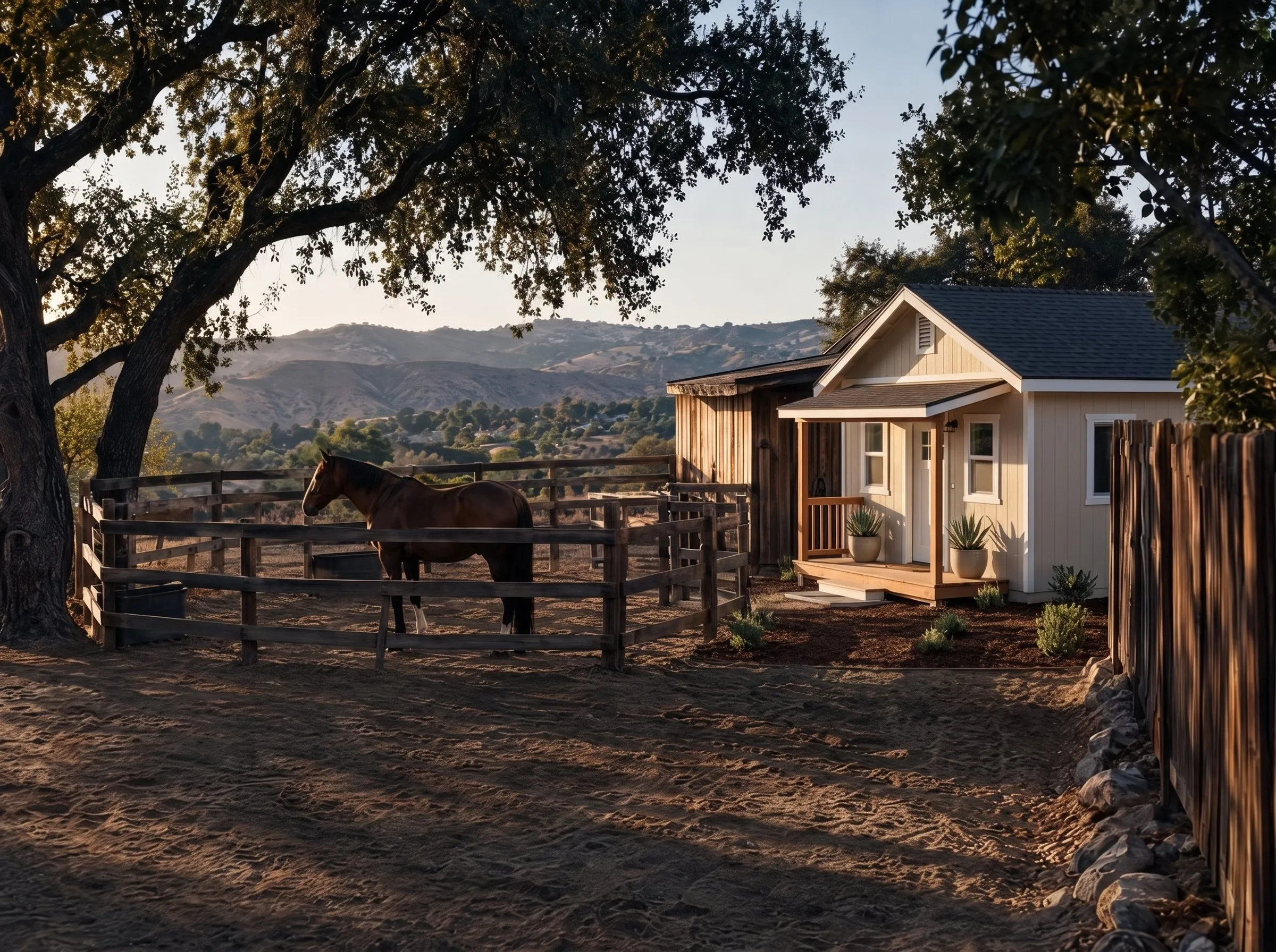 The same corral with a newly built small cottage just beyond the side fence.