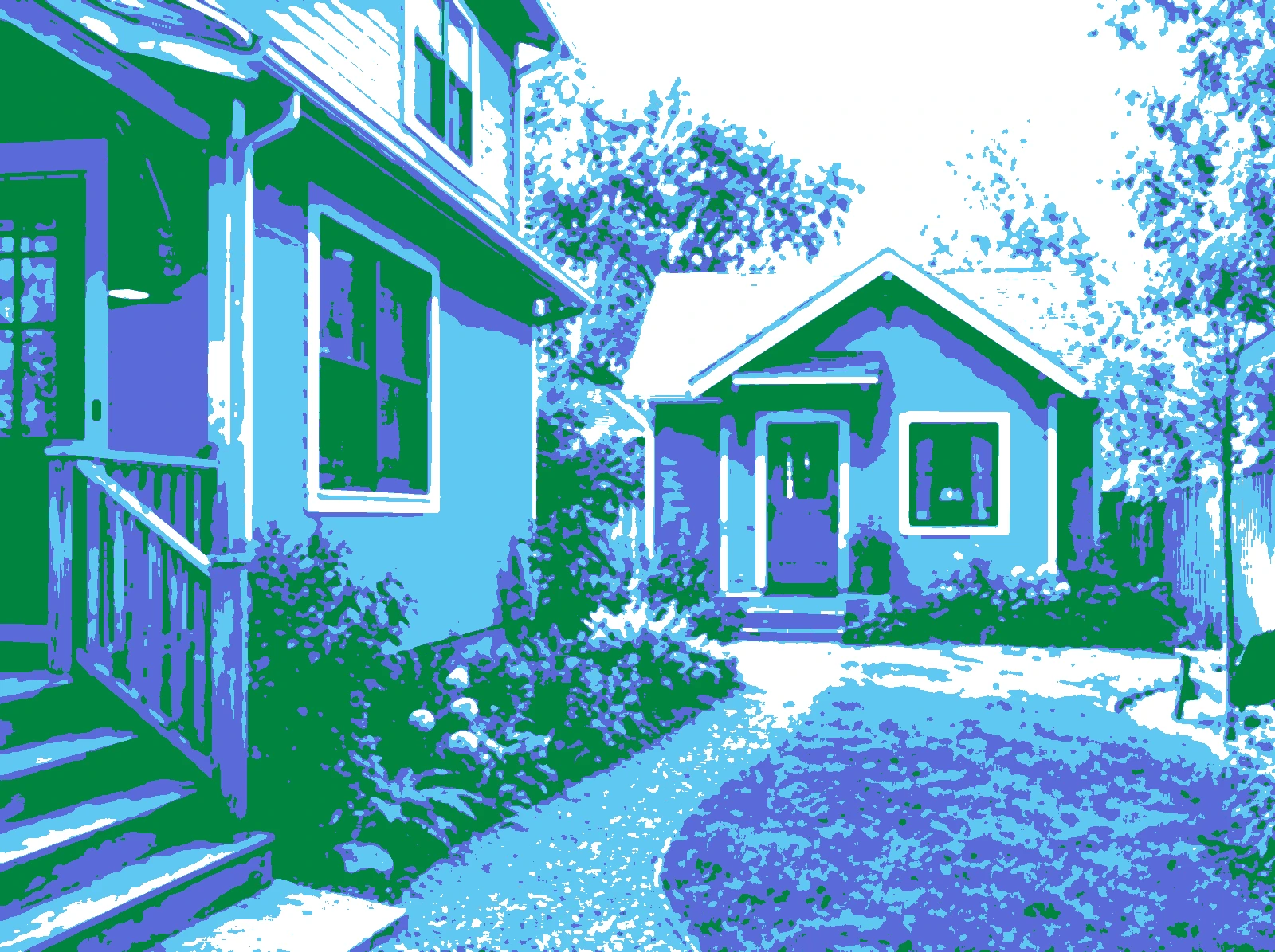 A small house at the end of a garden path, printed in green, violet and light blue