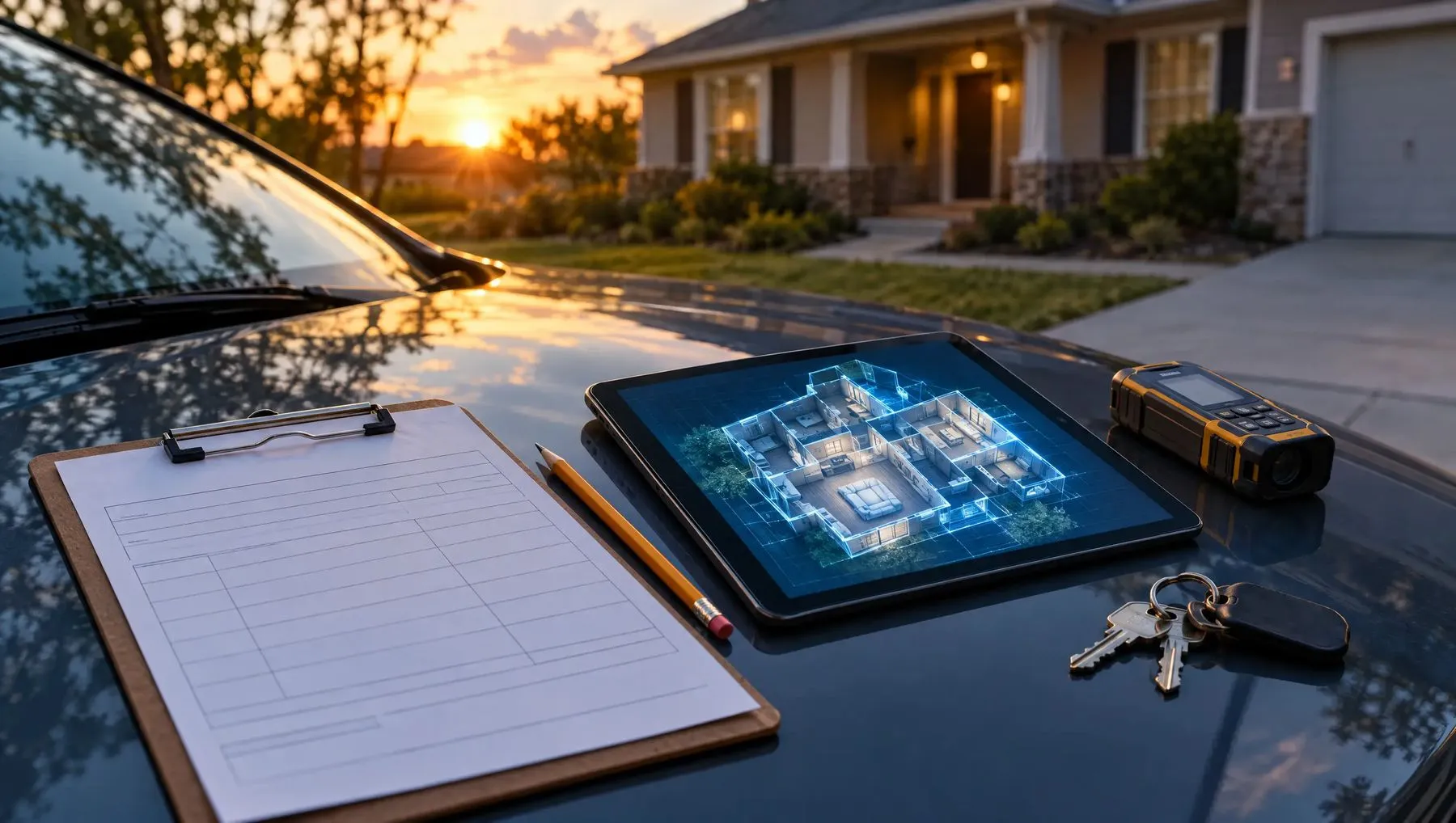 A clipboard with a blank inspection form beside a tablet showing a 3D floor-plan scan, a laser meter and keys on a car hood at sunset.