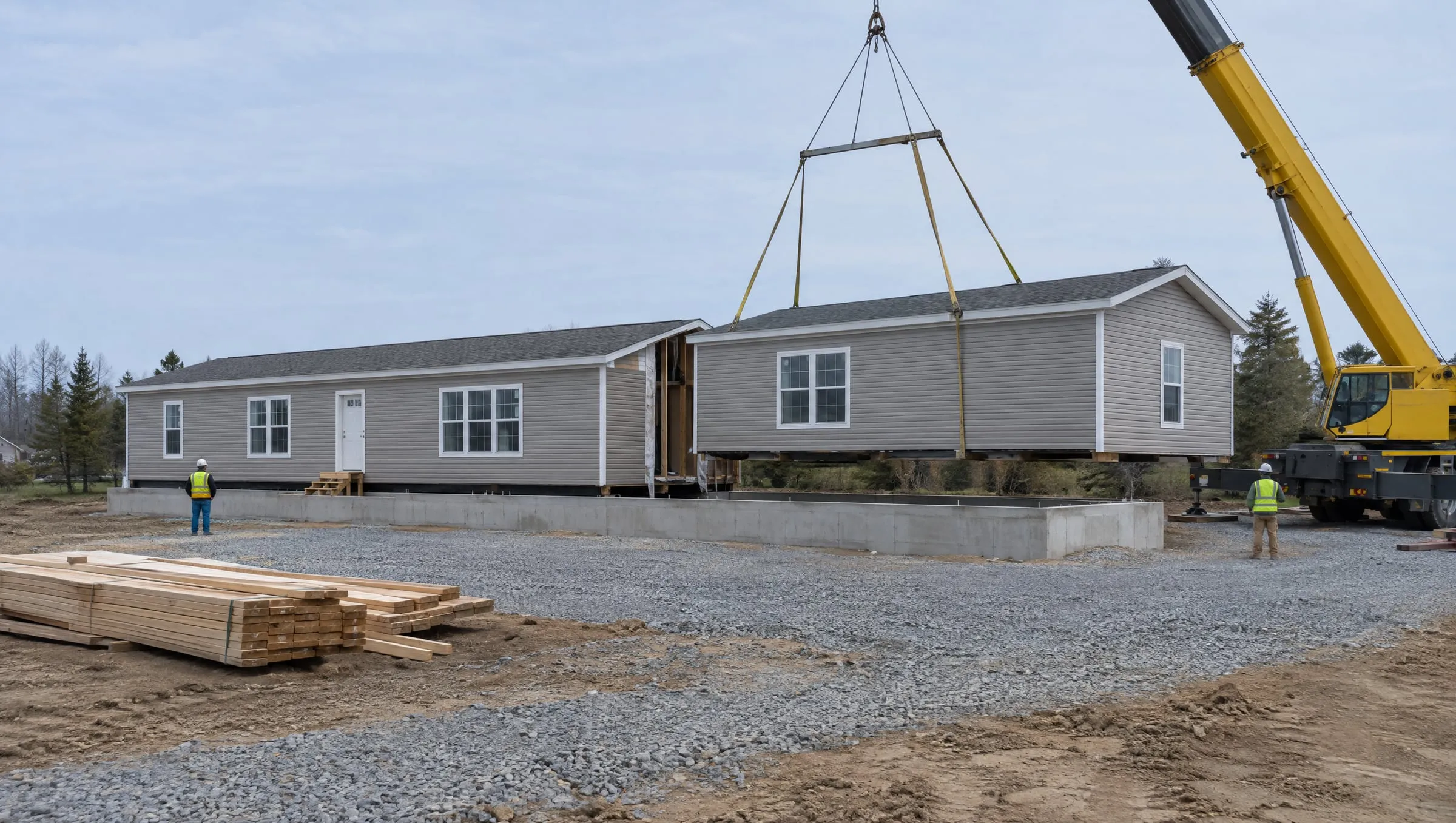 A crane lowers the second section of a two-section manufactured home onto a new concrete perimeter foundation beside the first section, with gravel and stacked lumber in the foreground.
