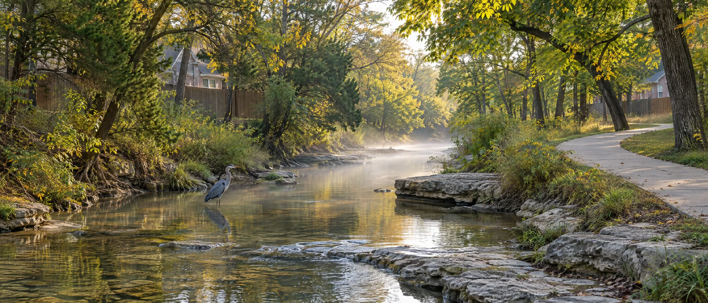 A shallow creek over pale limestone ledges in early autumn, with a heron in the water, a concrete trail along the bank and the backs of brick homes through the trees.