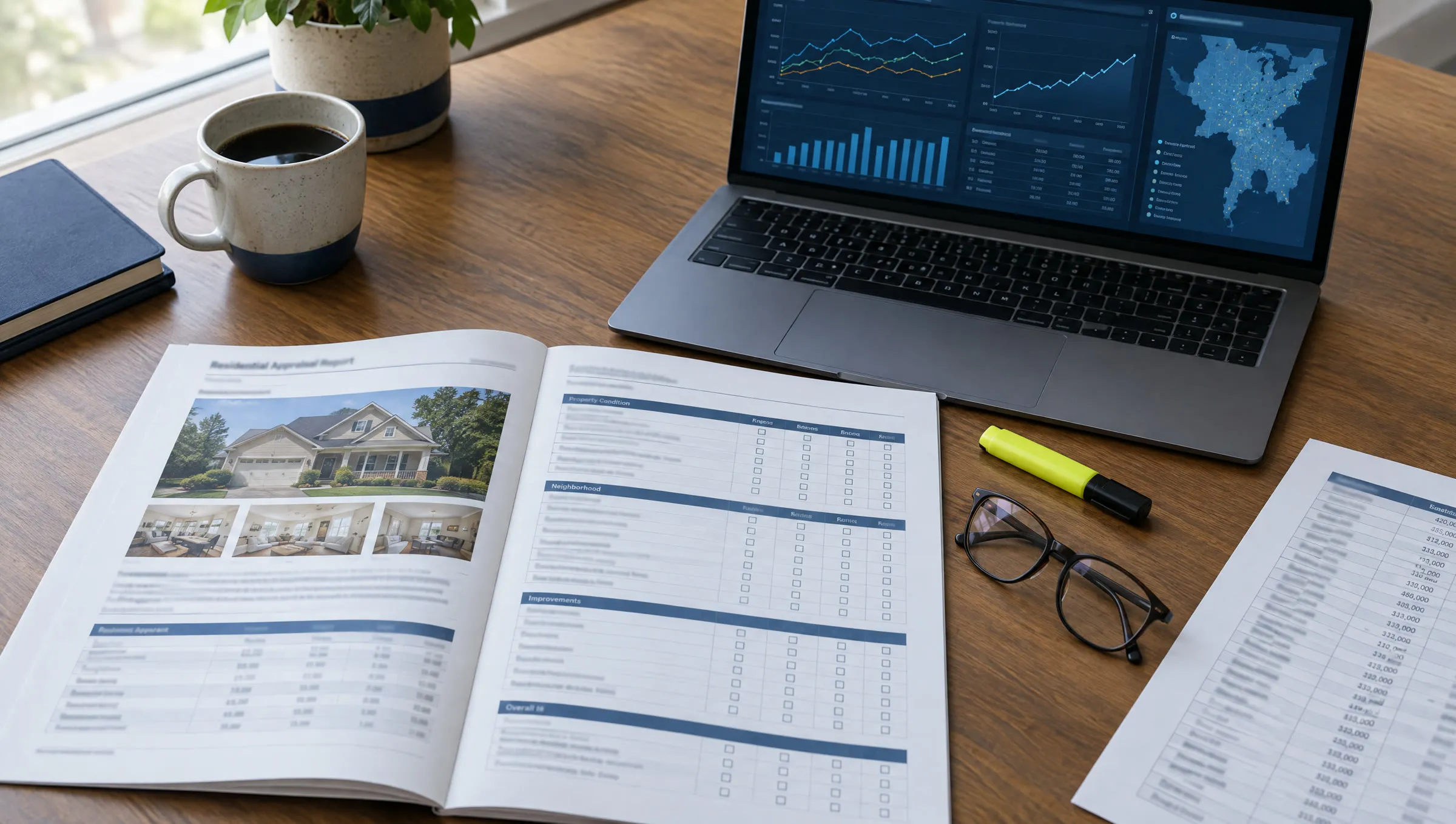 An open appraisal report with rows of checkboxes beside a laptop showing line charts and a map, with a highlighter, glasses and coffee on a wooden desk.