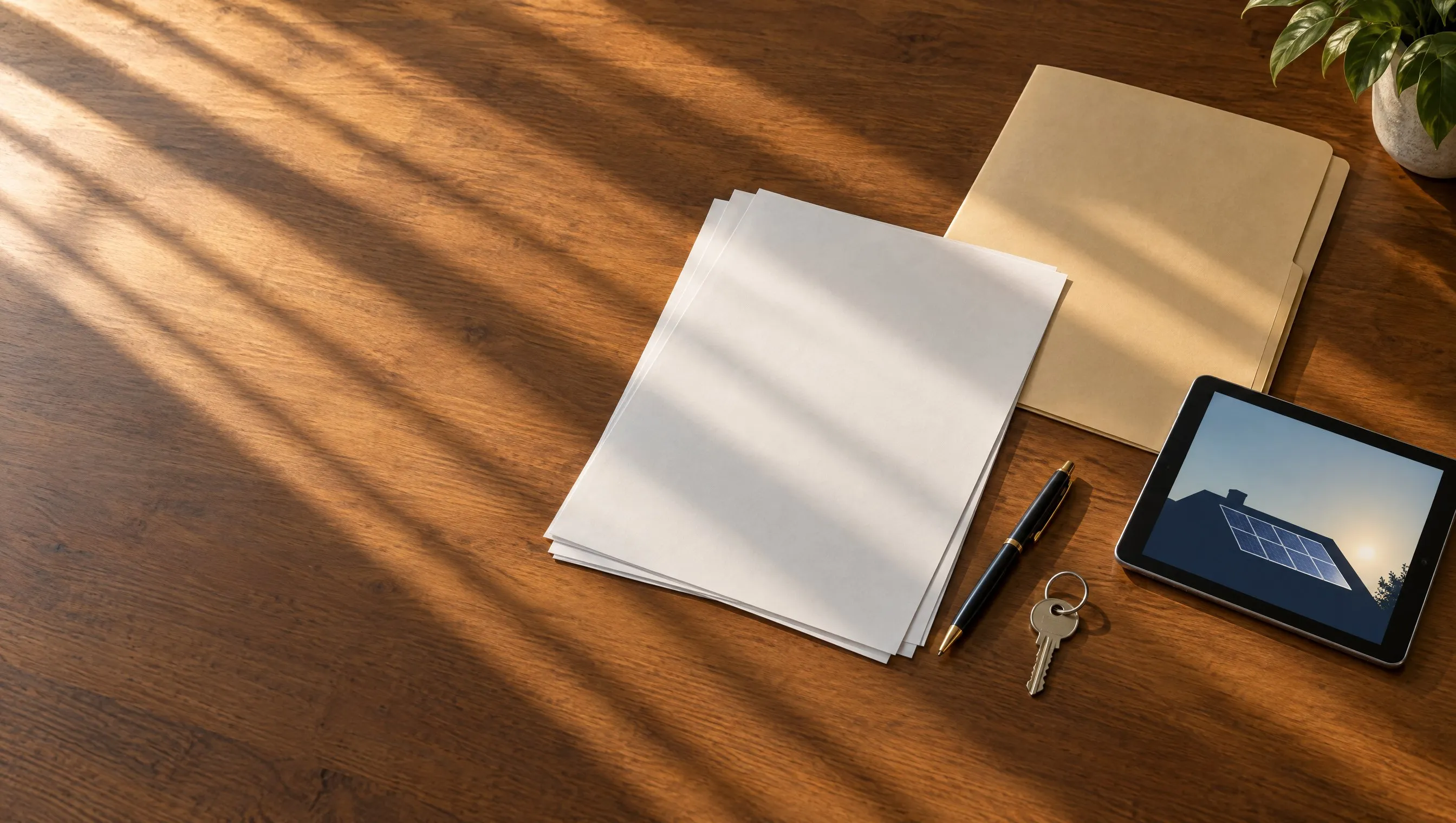 Blank papers, a manila folder, a pen, a house key and a tablet showing a roof with solar panels on a wooden table in late afternoon sun.