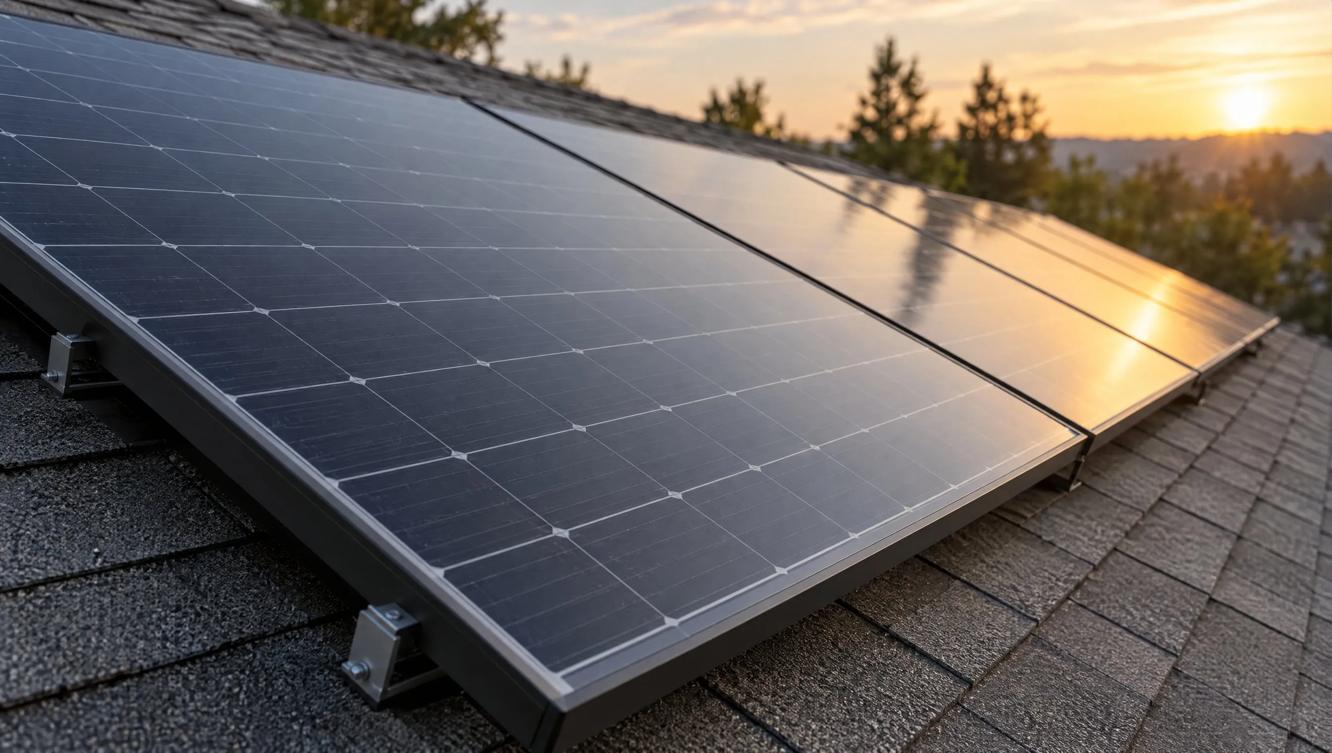 Close view of dark solar modules on aluminum rails over asphalt shingles, with the low sun reflecting along the far panels.