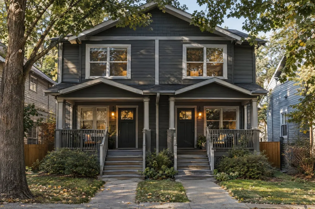 A side-by-side two-story duplex with two front doors on a tree-lined street.