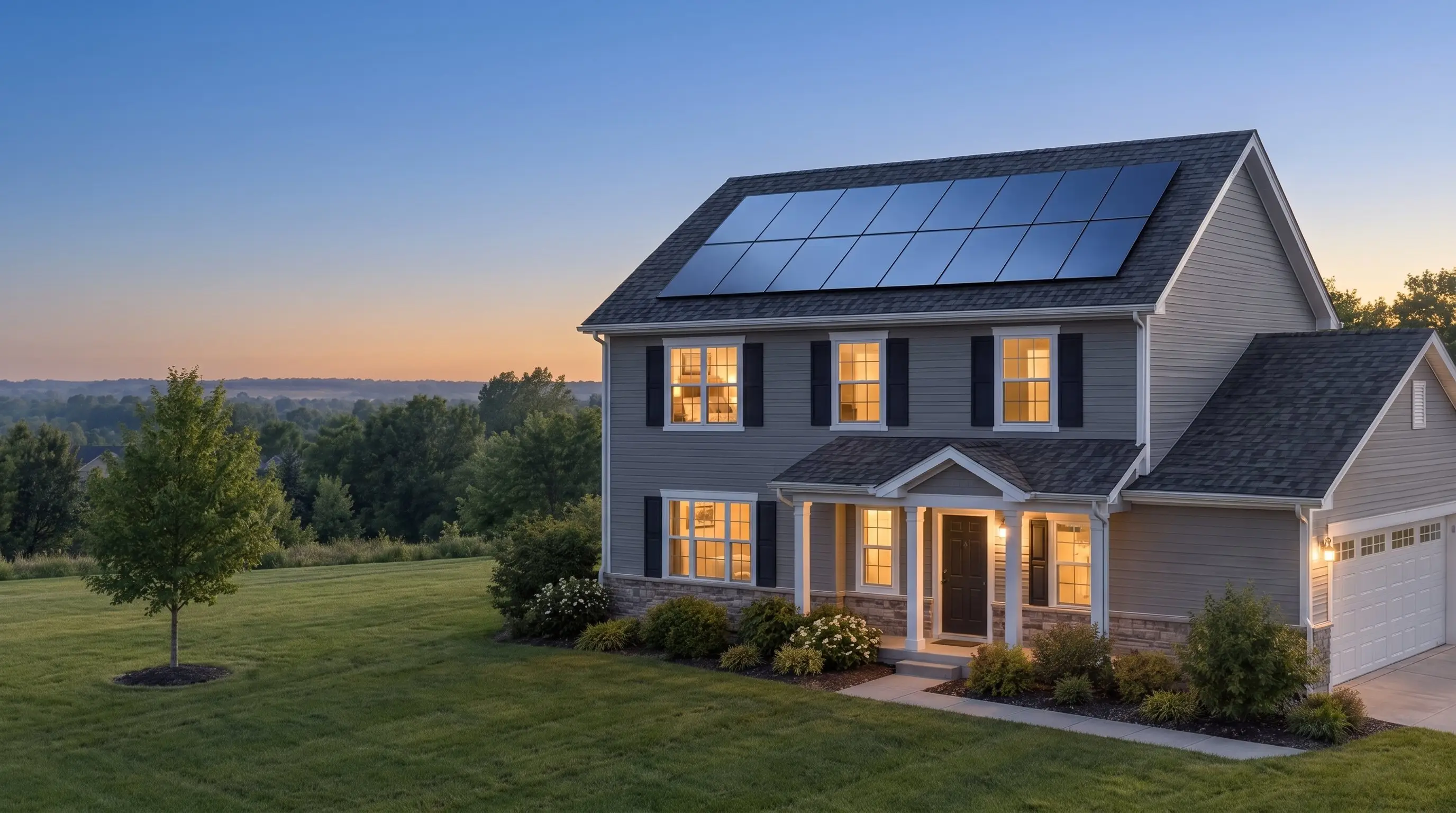The same solar home at dusk, with warm lights on in the windows and the panels reflecting a blue sky.