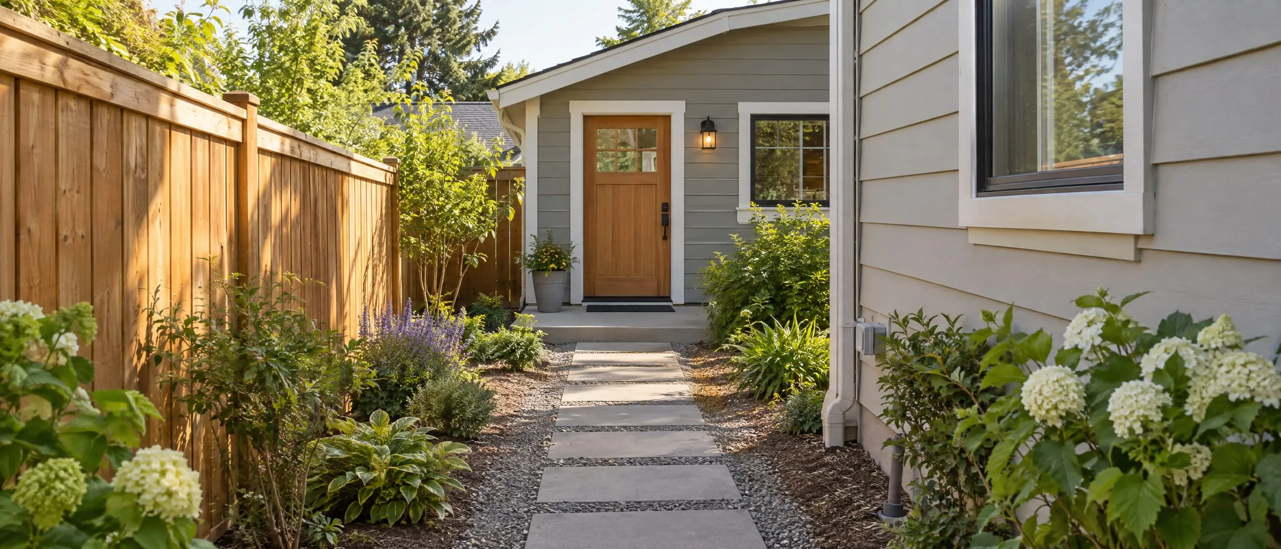 A stepping-stone side-yard path between a privacy fence and the edge of a house, leading to the separate front door of a small backyard home.