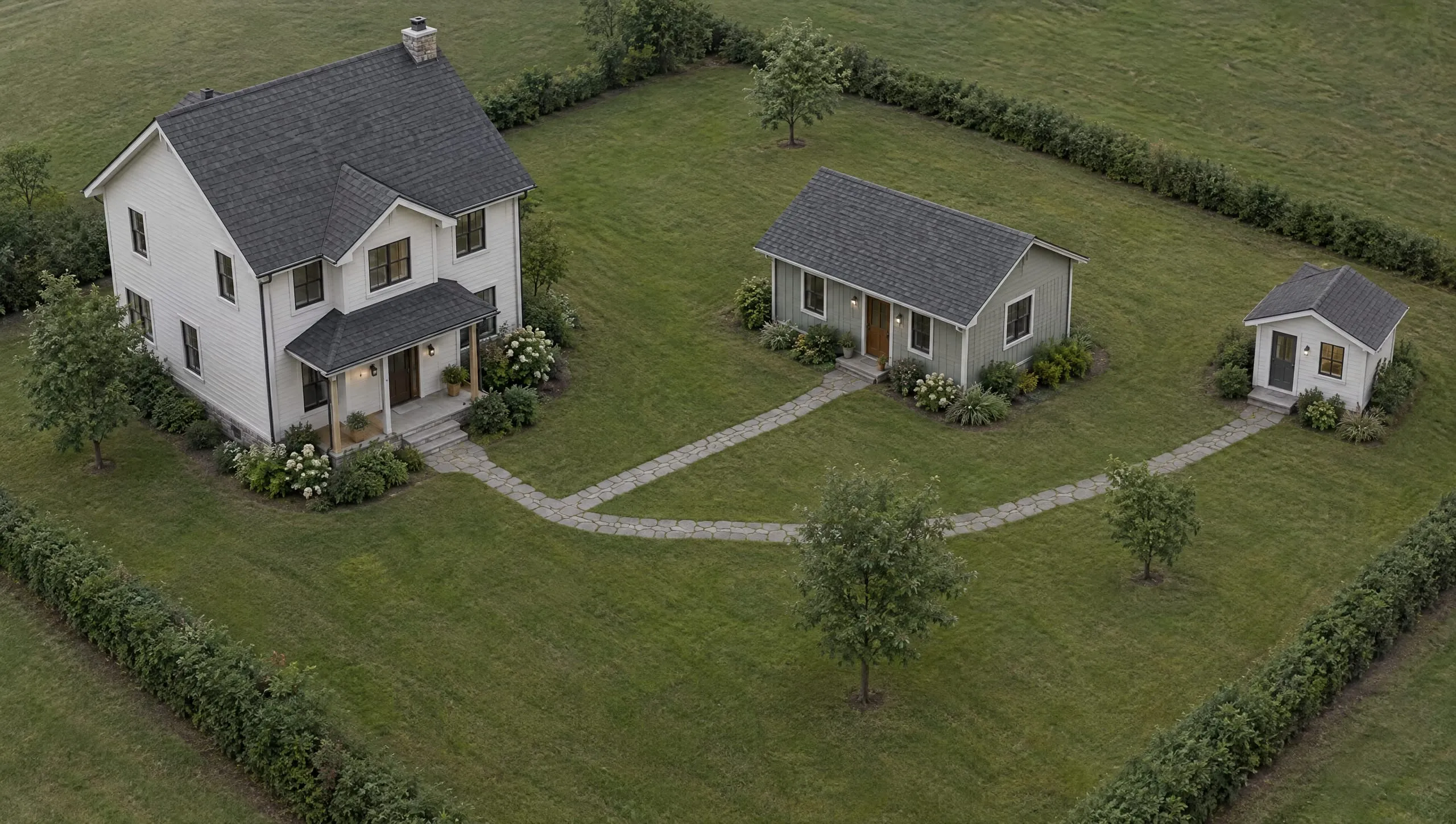 Aerial view of one parcel with three separate structures: a two-story main house, a smaller one-story cottage, and a small single-room guest house, joined by stone paths.