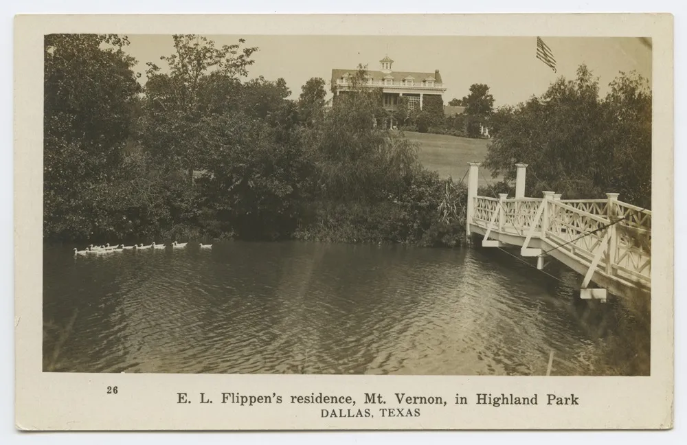 A postcard from about 1911 of E. L. Flippen's residence, Mt. Vernon, seen across a pond with a footbridge.