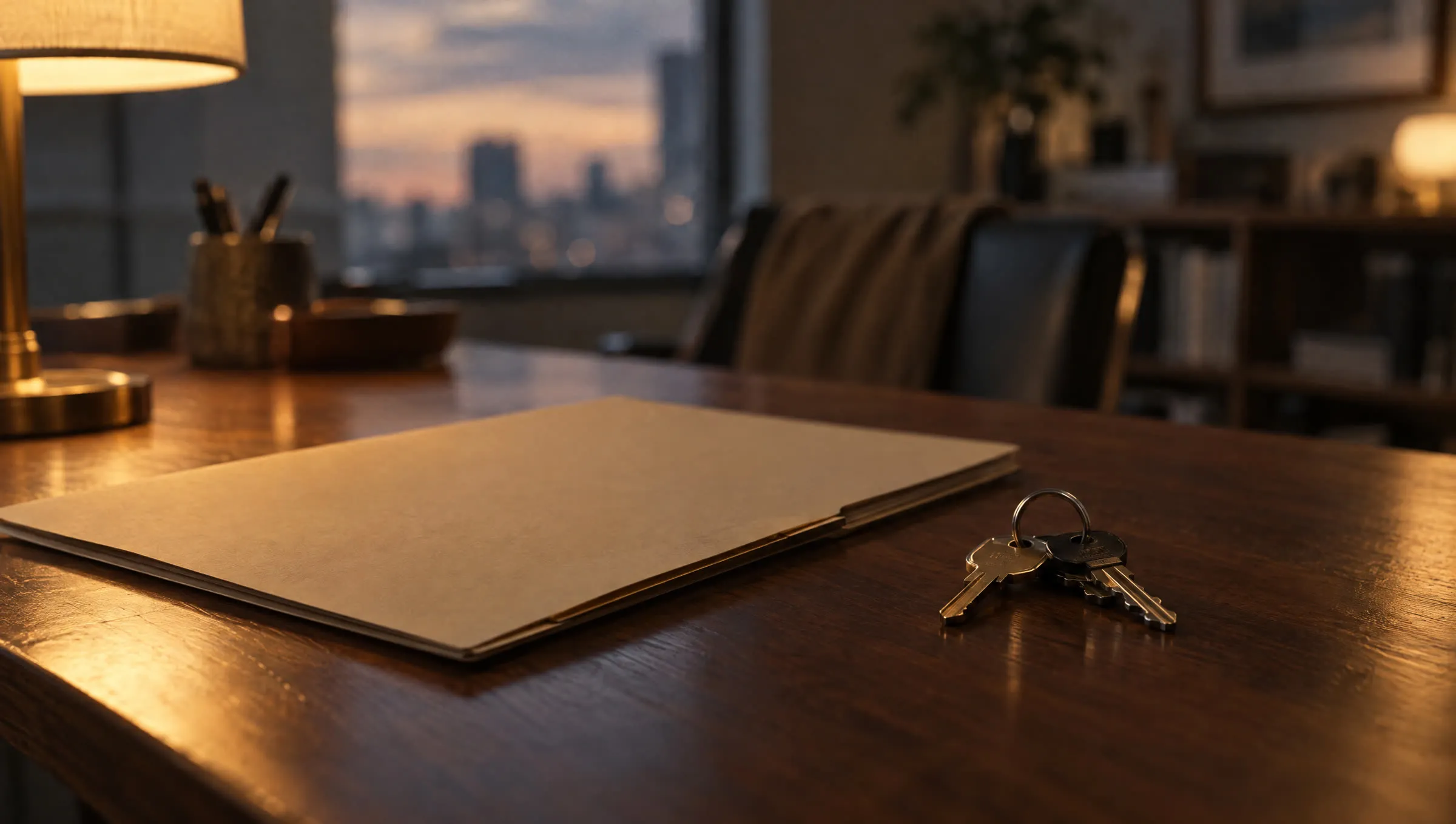 A closed manila folder and a set of house keys on a wooden desk under lamp light, with a city at dusk out the window.