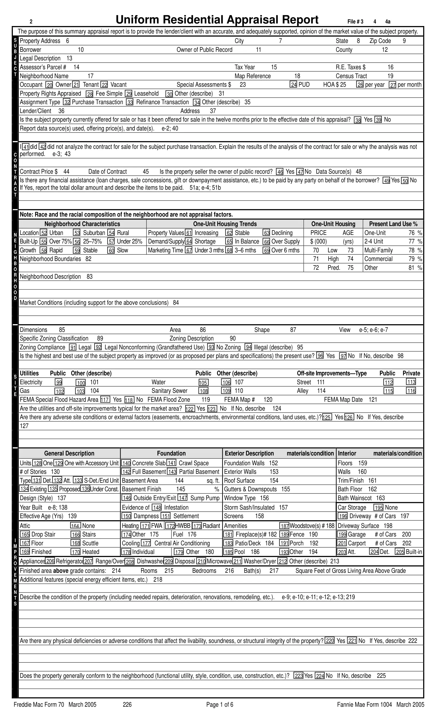 Page 1 of legacy Fannie Mae Form 1004, Freddie Mac Form 70, a dense grid of numbered boxes, checkboxes and free-text lines.