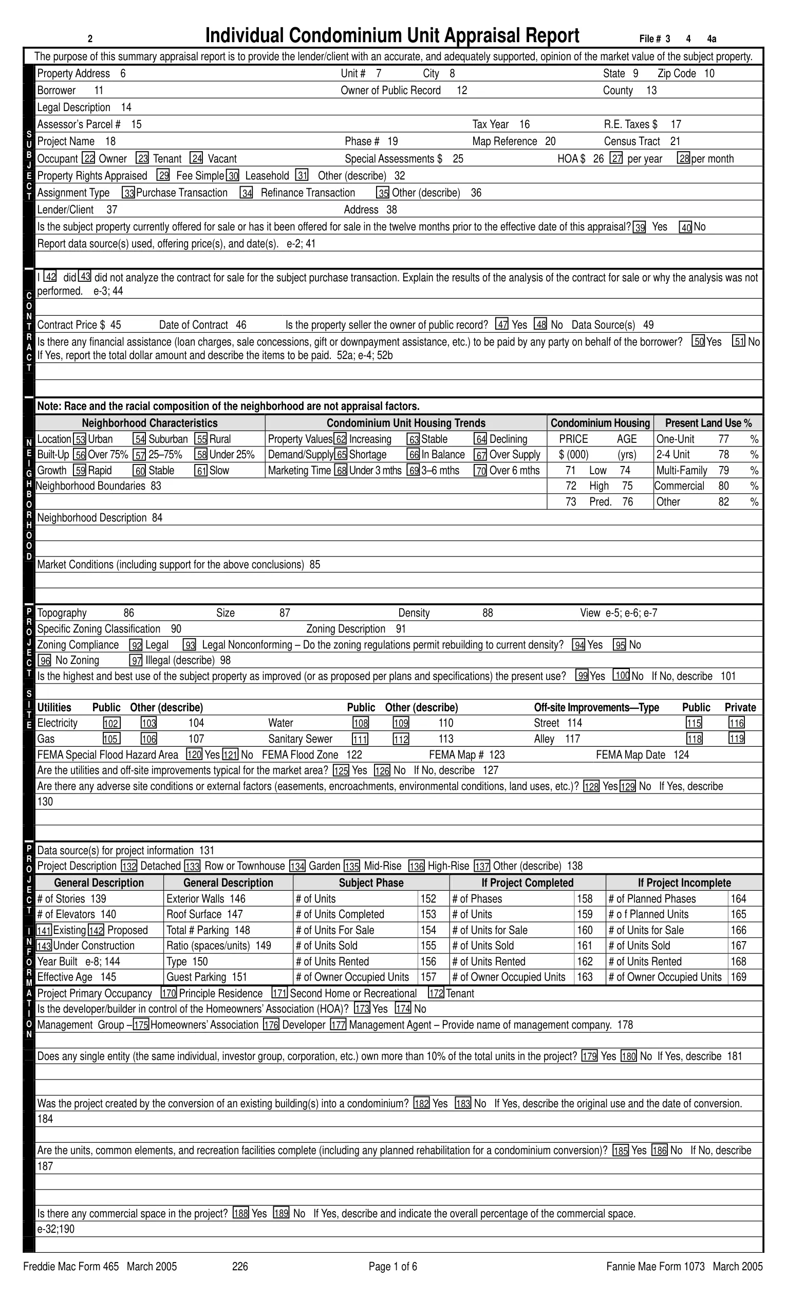 Page 1 of legacy Fannie Mae Form 1073, Freddie Mac Form 465, a dense grid of numbered boxes with project fields for the condominium.