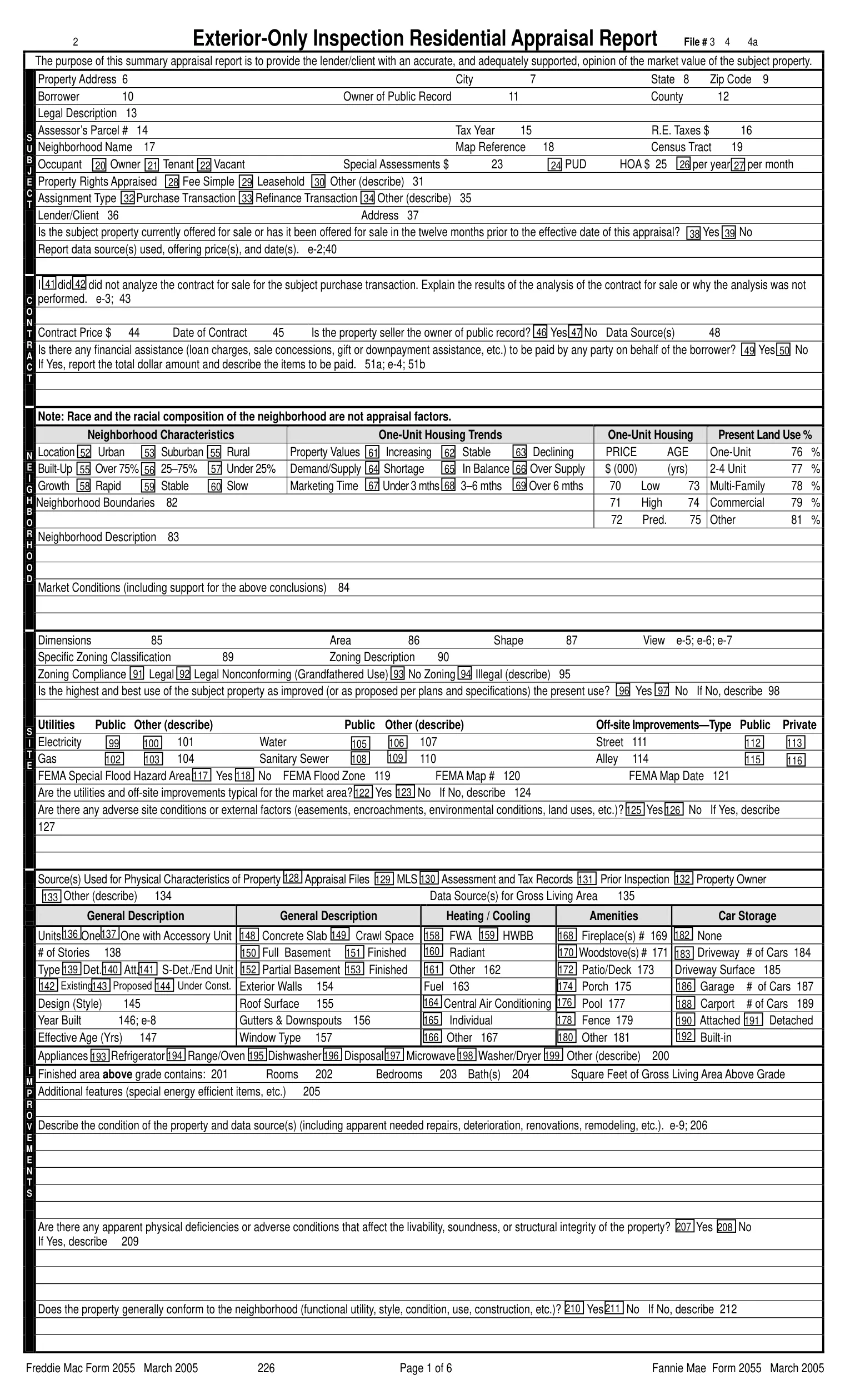 Page 1 of legacy Form 2055, the exterior-only inspection report, with the same numbered-box layout and a condensed improvements block.