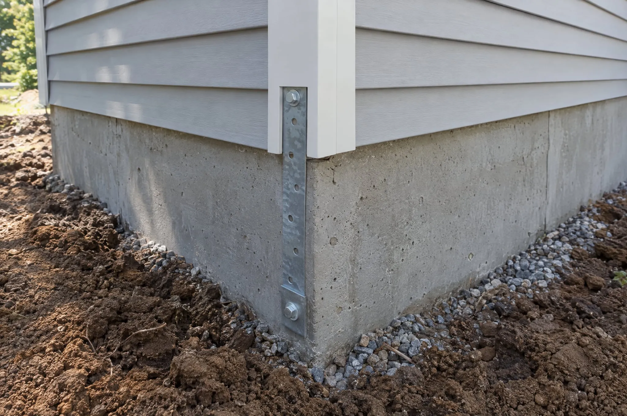 Close view of a home's corner where vinyl siding meets a poured concrete perimeter foundation, with a galvanized steel strap bolted across the joint.
