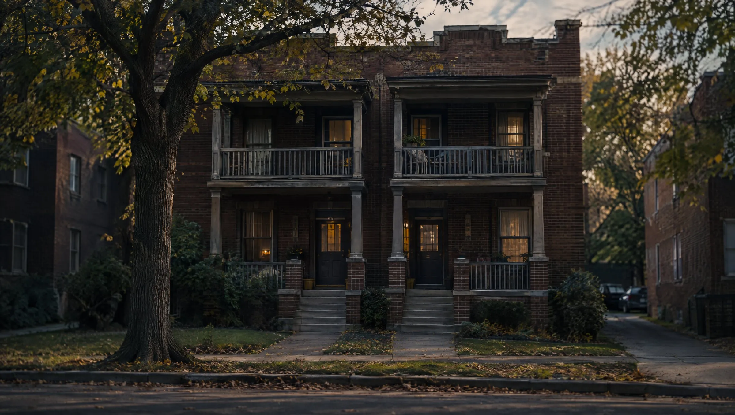 A 1920s brick fourplex with two entry doors and stacked porches, softly focused.