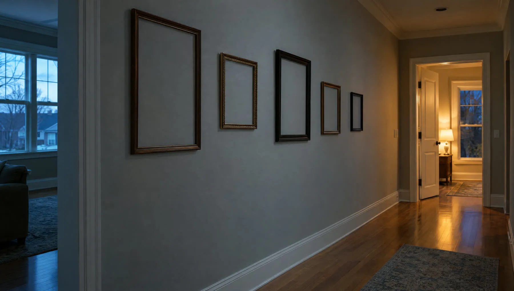 A hallway in an empty staged home at dusk with a row of empty picture frames on the wall and a lit doorway at the end.