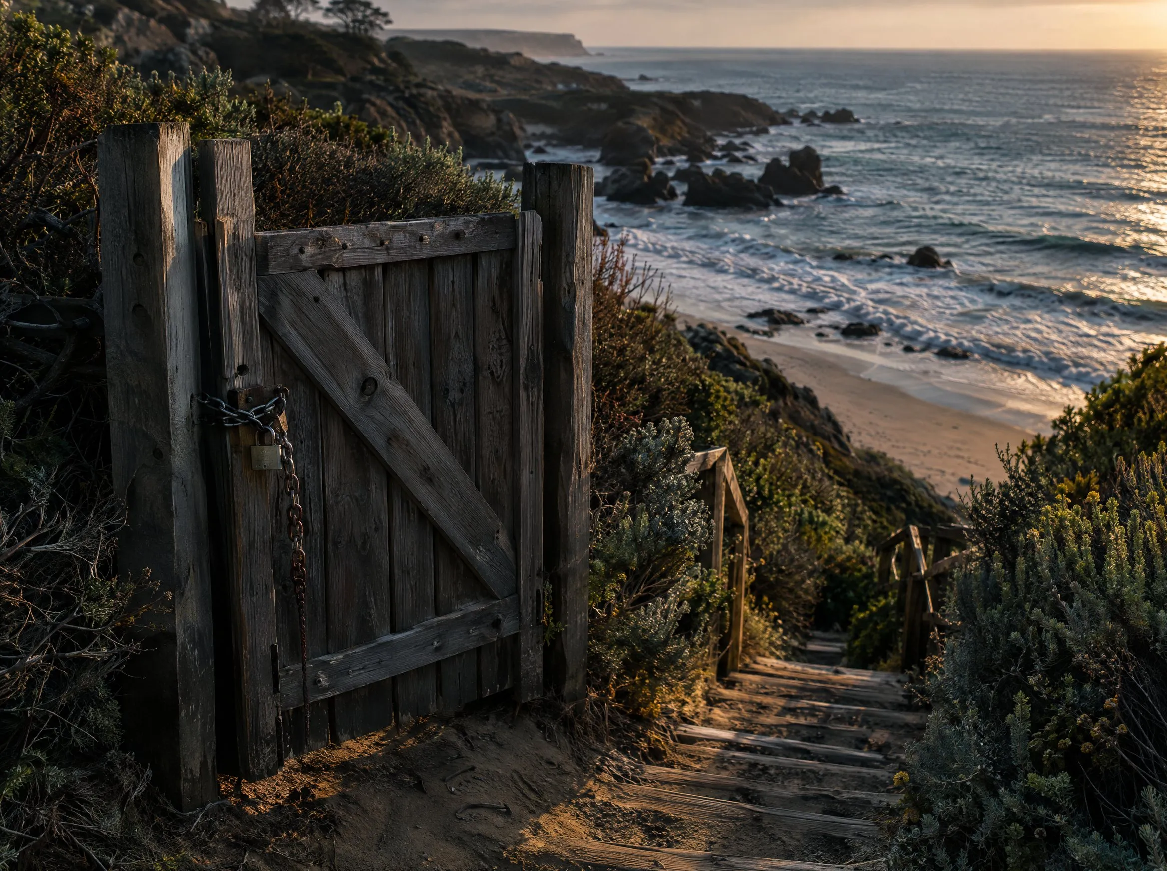 A locked weathered wooden gate at the top of a bluff path above a Pacific beach.