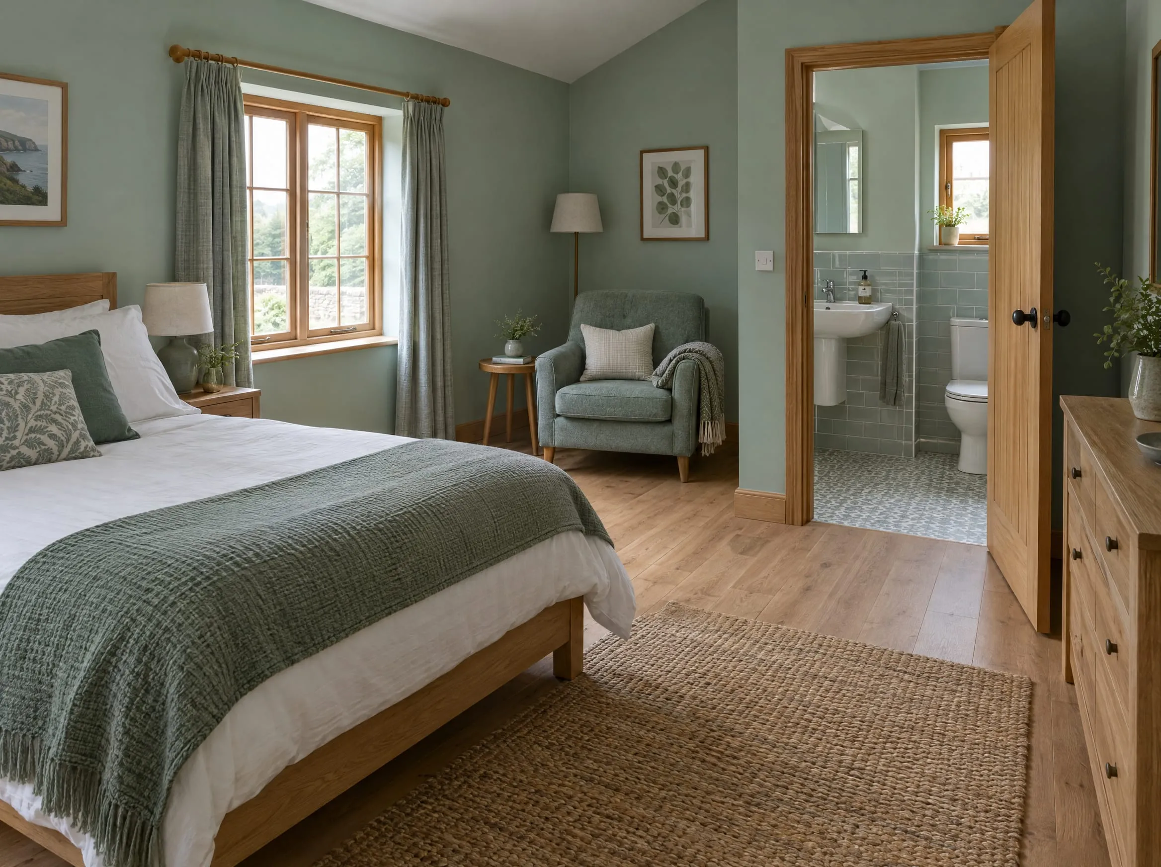 A guest room with a bed, an armchair and an open door to a small bathroom. There is no kitchen.
