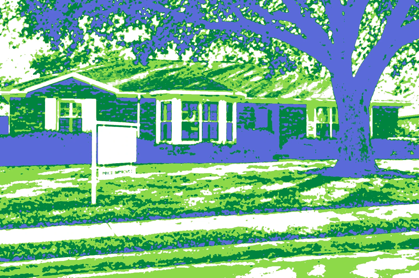 A ranch house with a sign in the yard, printed in four flat colors