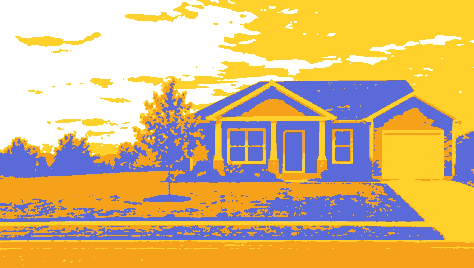 A one-story house printed in violet, orange and yellow