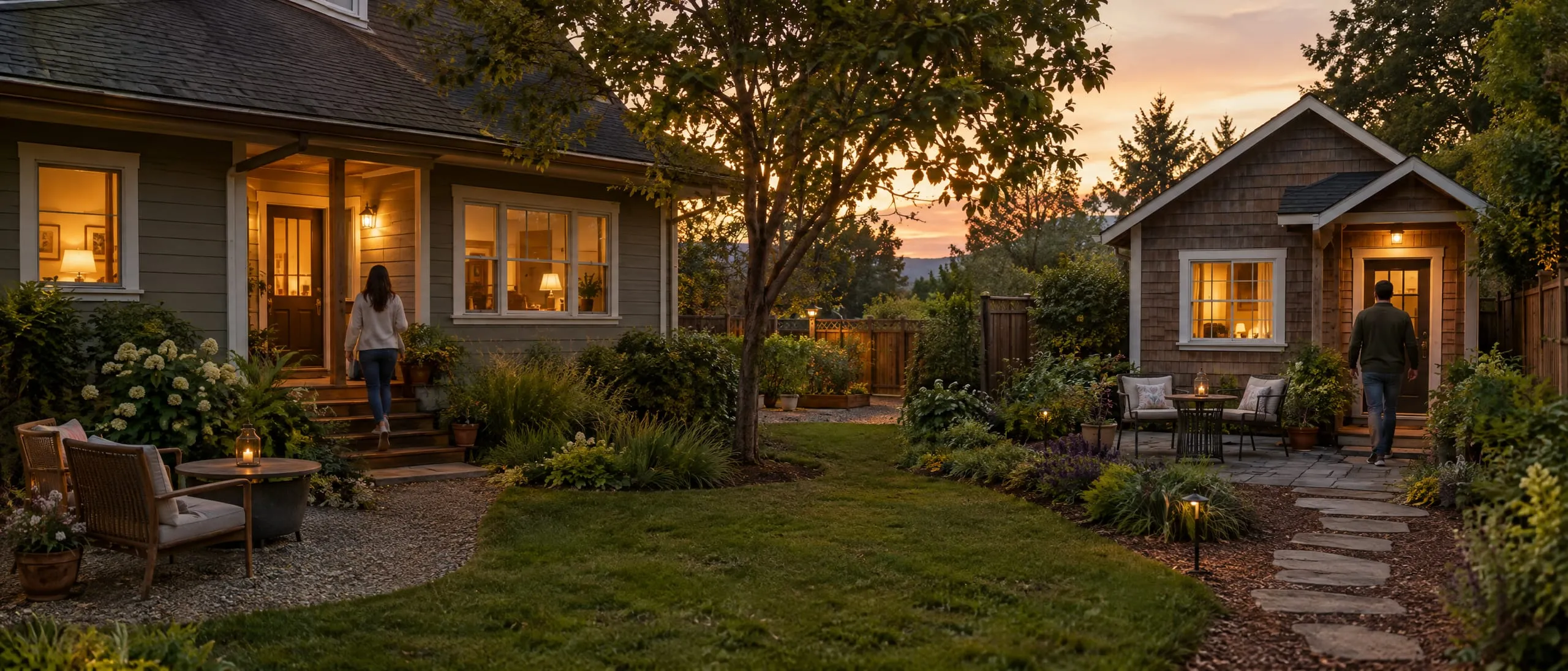At dusk, two people seen from behind walk toward separate entrances, one to a main house and one to a backyard cottage, across a shared garden with two seating areas.