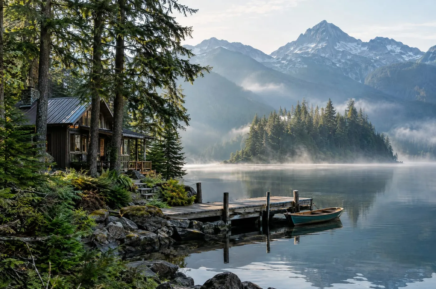 A lakeside cabin under tall firs beside a calm mountain lake in morning mist.