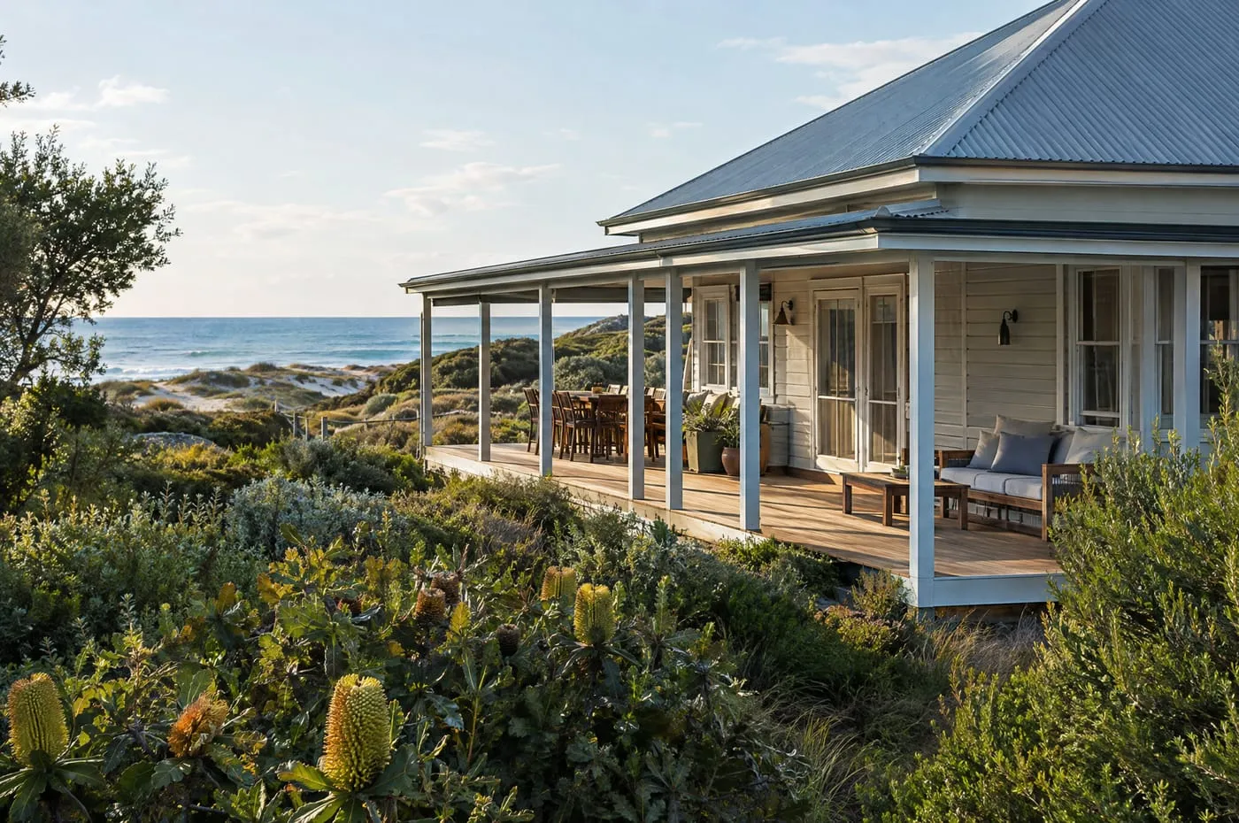 A weatherboard beach house with a deep veranda among coastal shrubs and dunes.