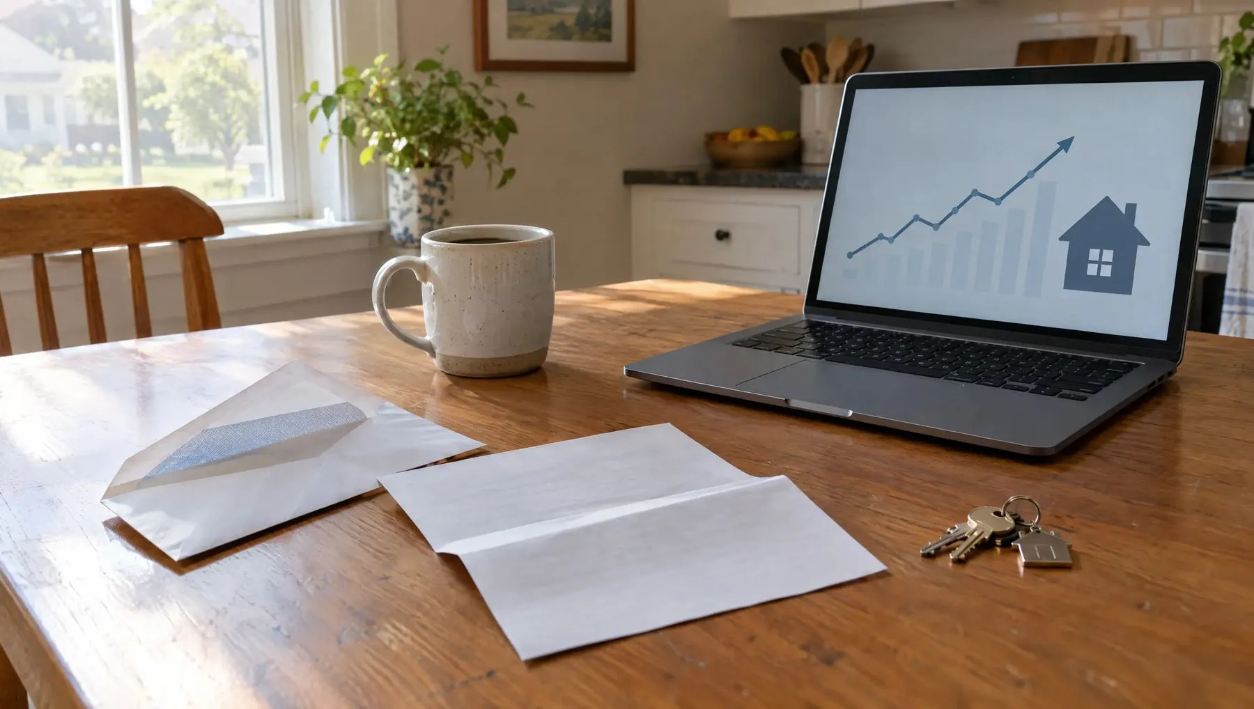 A kitchen table with an opened envelope, a folded letter, a coffee mug, house keys and a laptop showing a rising chart.