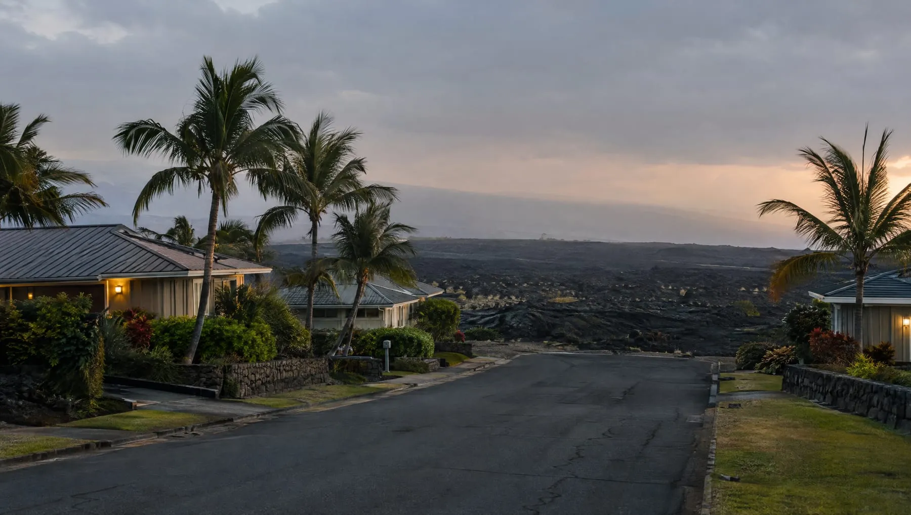 A quiet residential street with palm trees ending at a wide field of black hardened lava.
