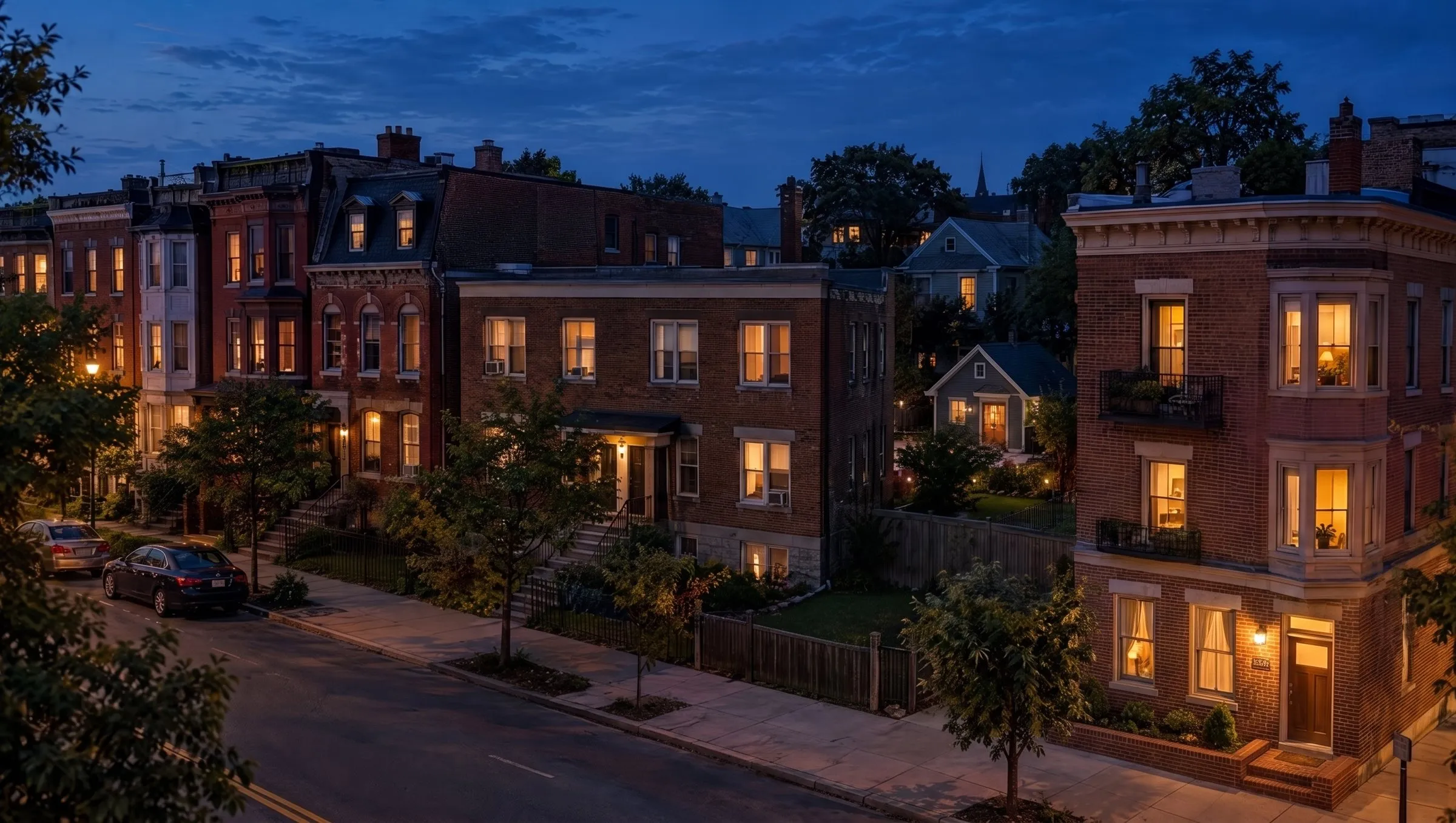 The layered street at dusk: brick rowhouses, a small apartment building and a corner building of flats with lit windows.