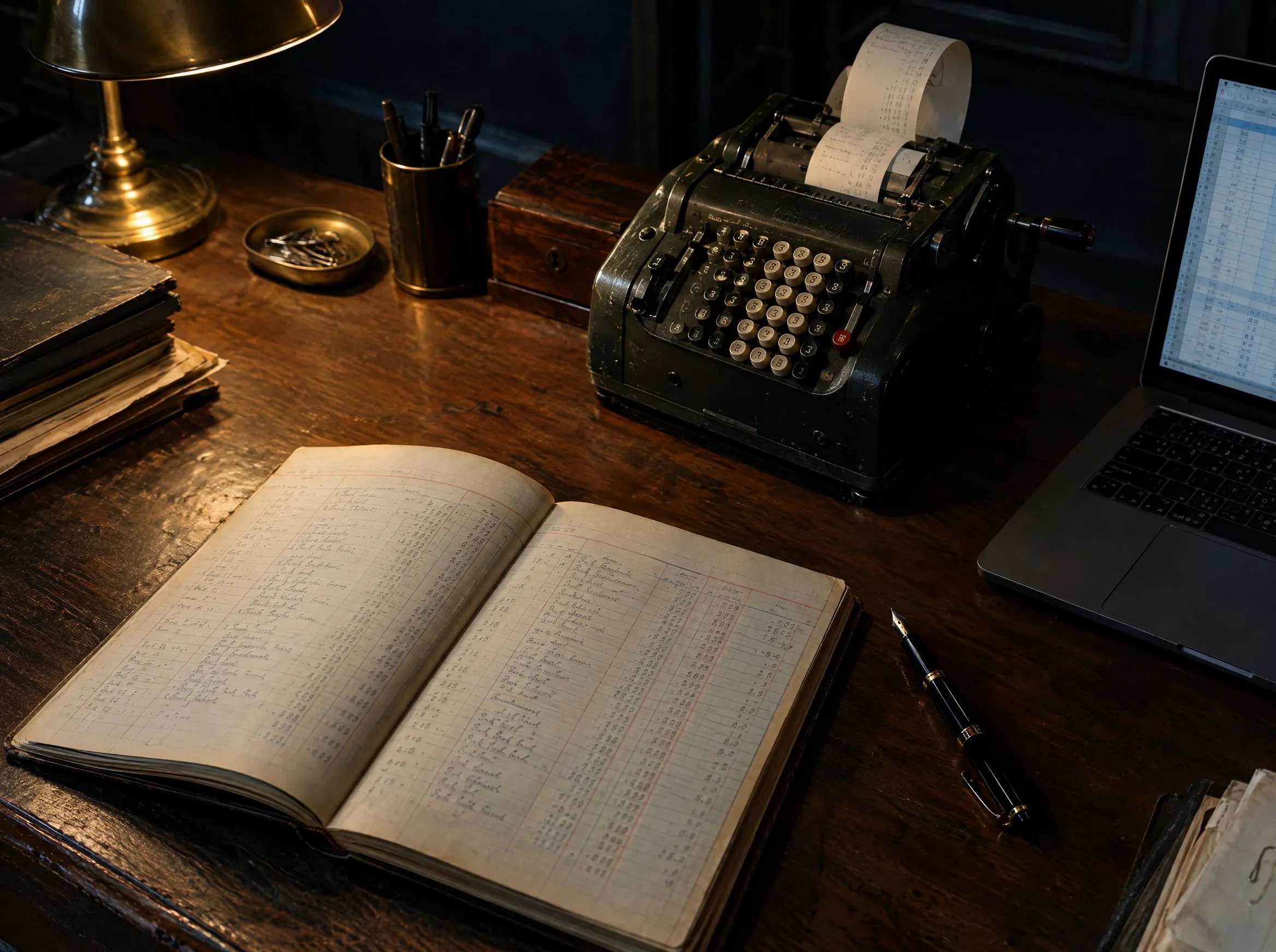 A wooden desk with an open handwritten ledger, a mechanical adding machine and a laptop at the edge.