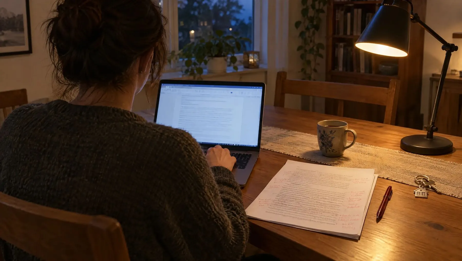 A person seen from behind typing at a laptop beside a printed draft with red margin notes.