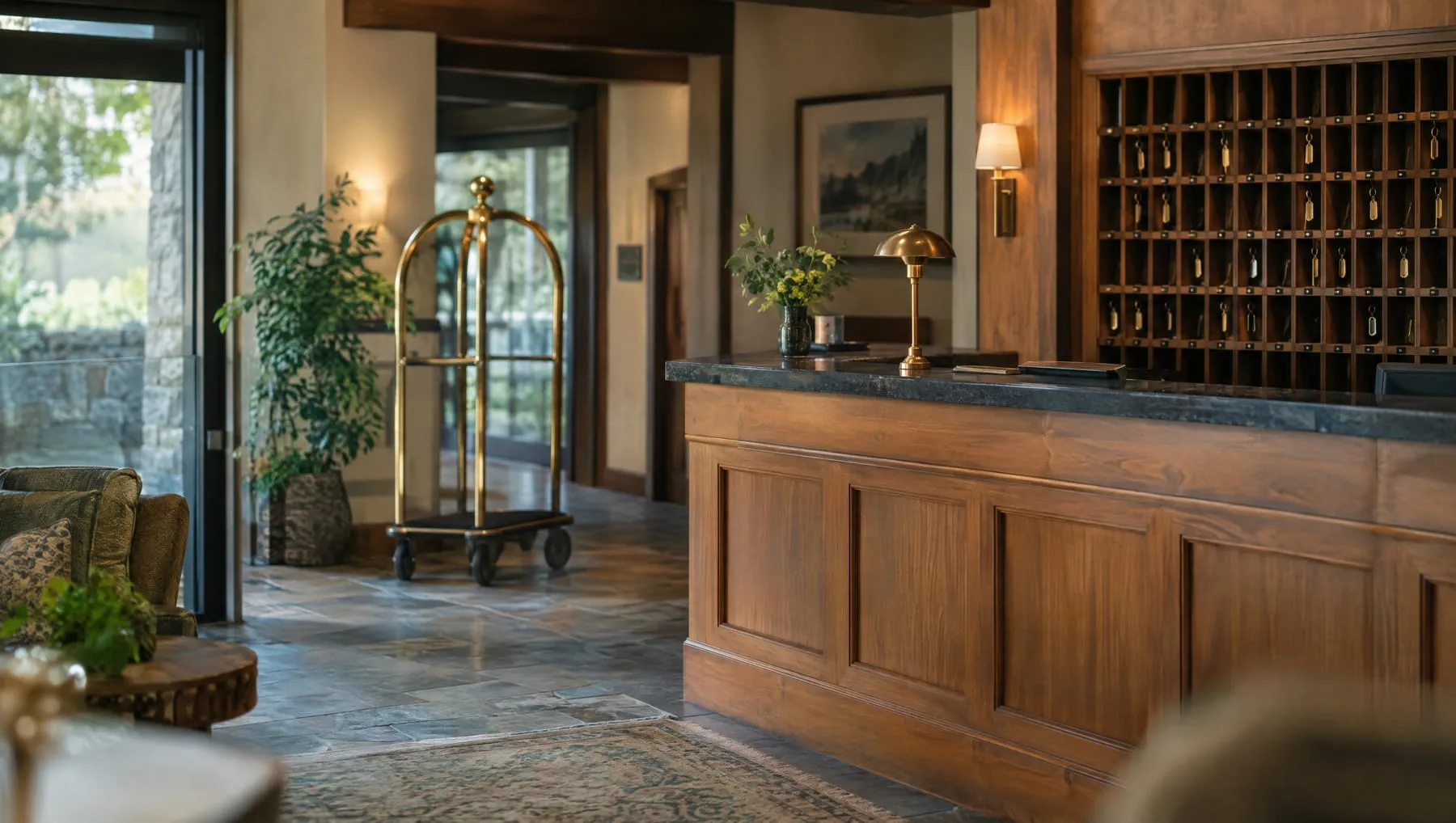 A resort condominium front desk with a wall of wooden key cubbies and a brass luggage cart, in soft focus.